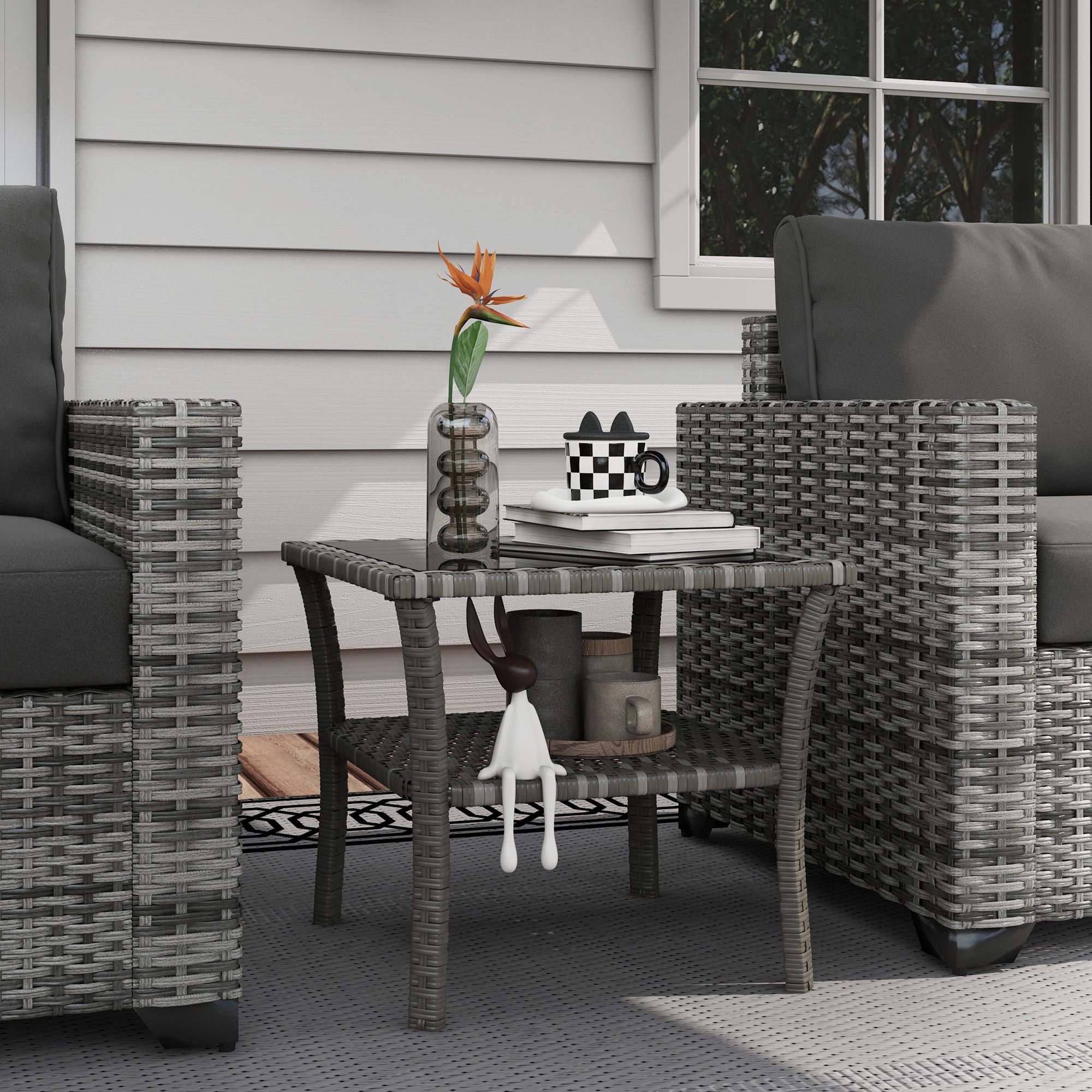 Rattan Side Table, Outdoor End Table with Storage Shelf, Aluminum Frame Square, Coffee Table with Tempered Glass Top, Mixed Gray