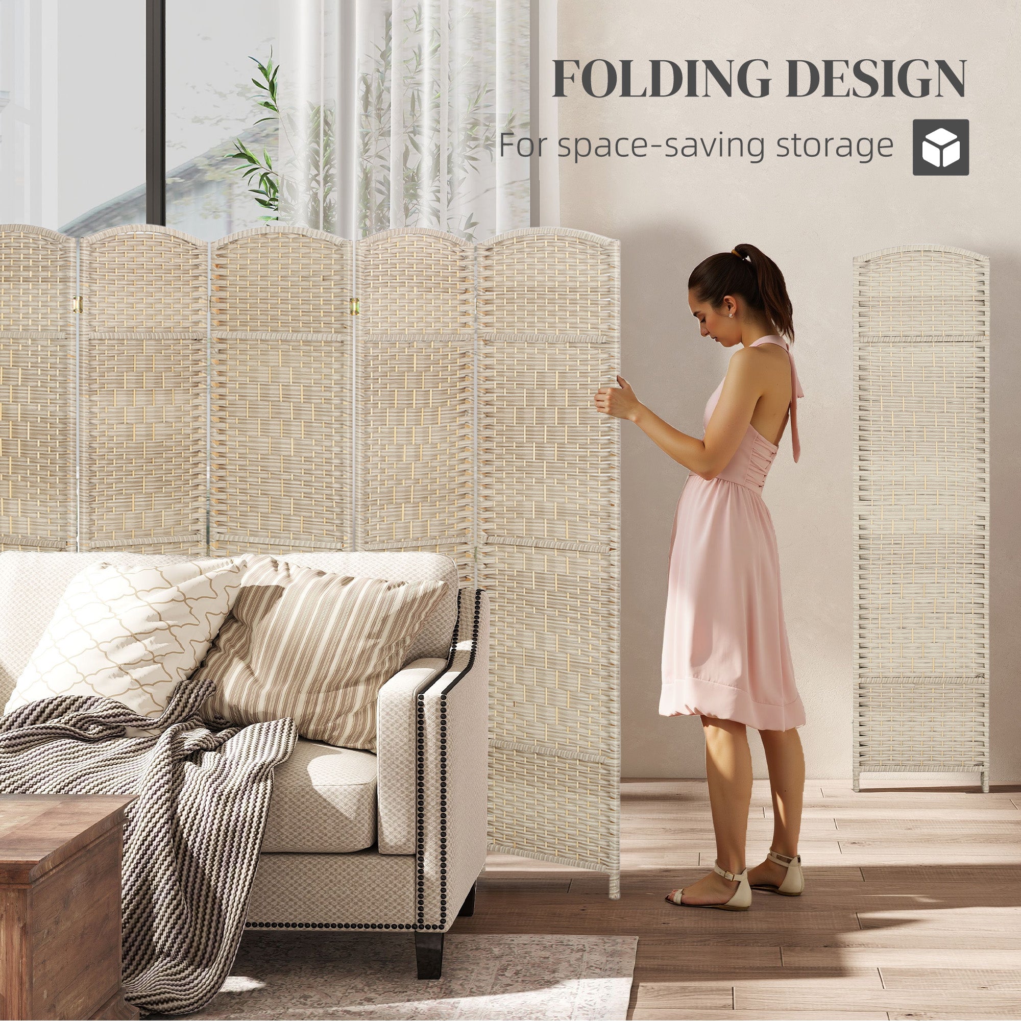Folding Room Divider Screen 6 Panel 6' Tall Privacy Screen Freestanding Wood Partition for Home Office, Washed Oak
