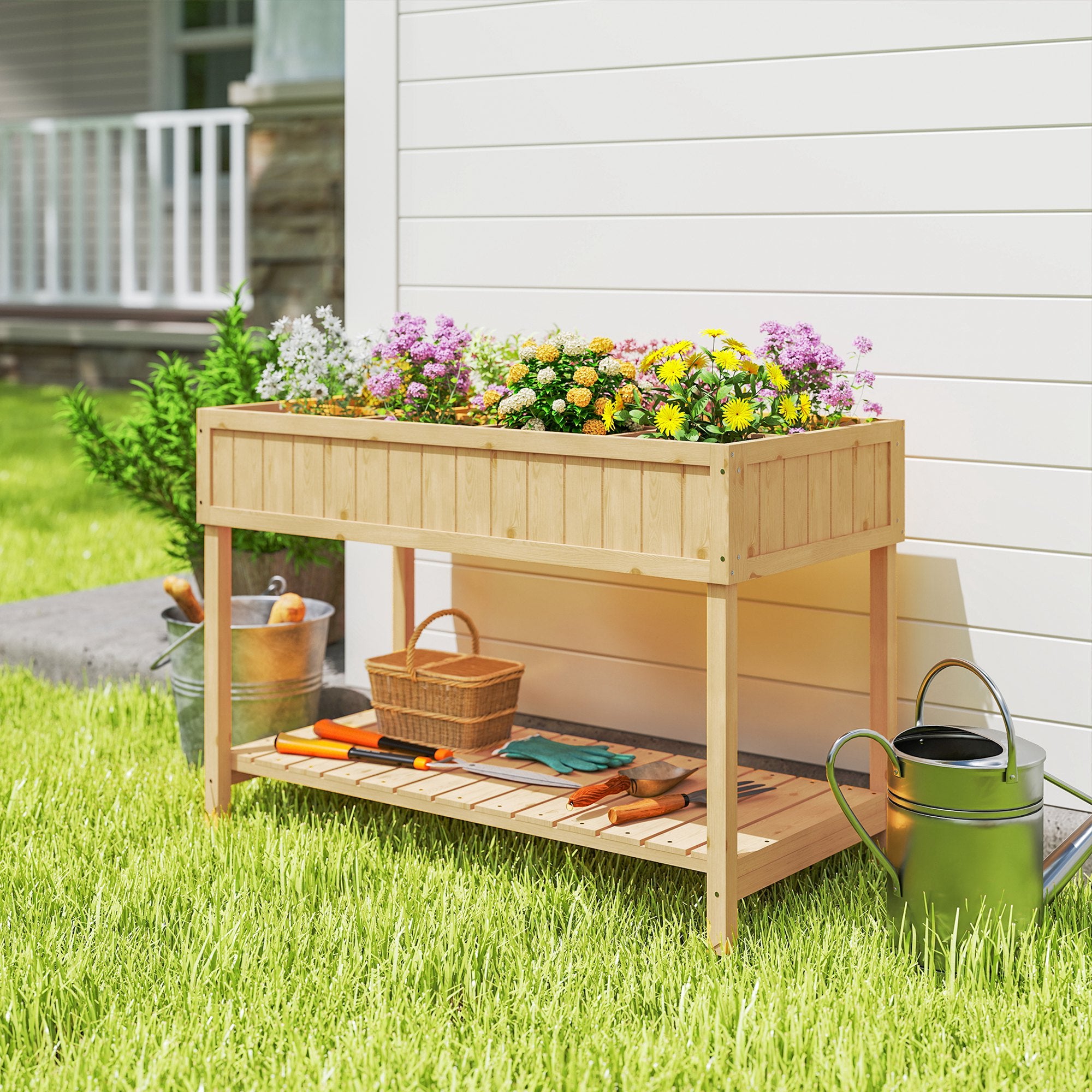 43x18x30in Raised Garden Bed with 8 Pockets and Shelf, Wooden Elevated Planter Box with Legs to Grow Herbs, Vegetables, and Flowers, Natural