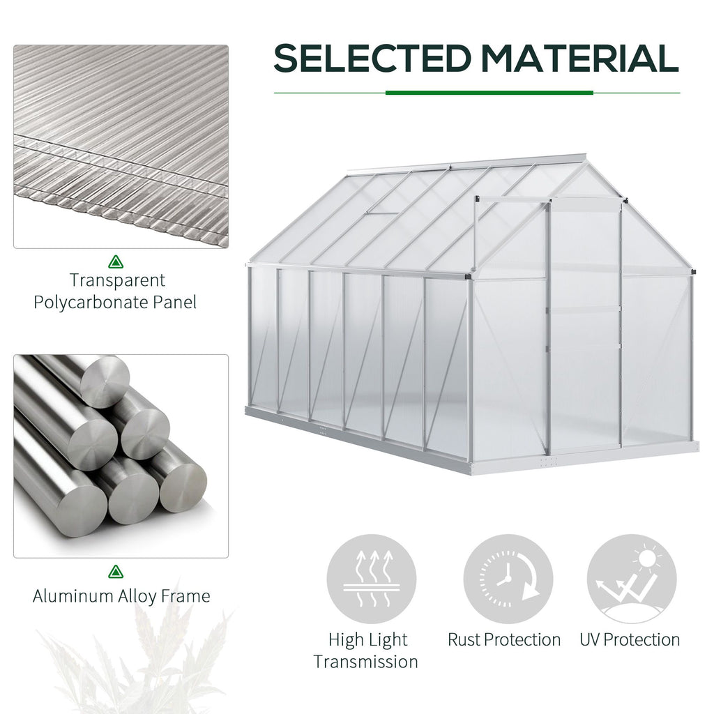 12' x 6' x 6.5' Polycarbonate Greenhouse with Aluminum Frame, Walk-in Heavy Duty Green House with Adjustable Roof Vent, Rain Gutter and Sliding Door for Winter, Silver