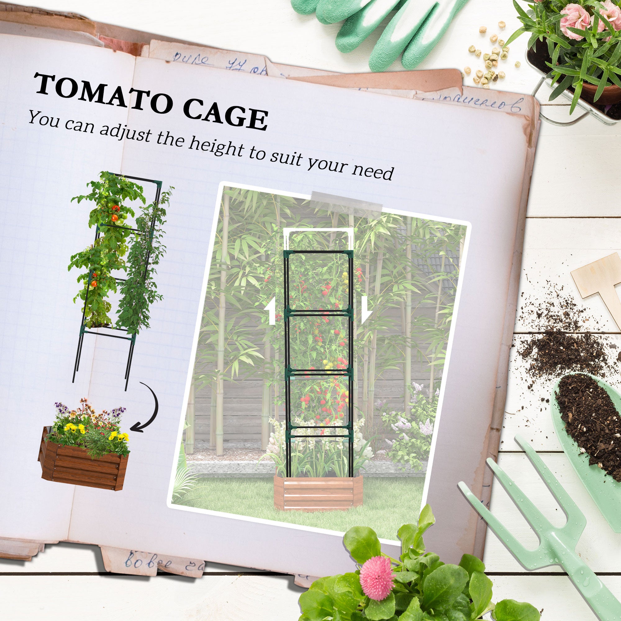 Galvanized Planter Box, 24" x 24" x 73.5" Raised Garden Bed with Tomato Cage for Climbing Vines, Brown