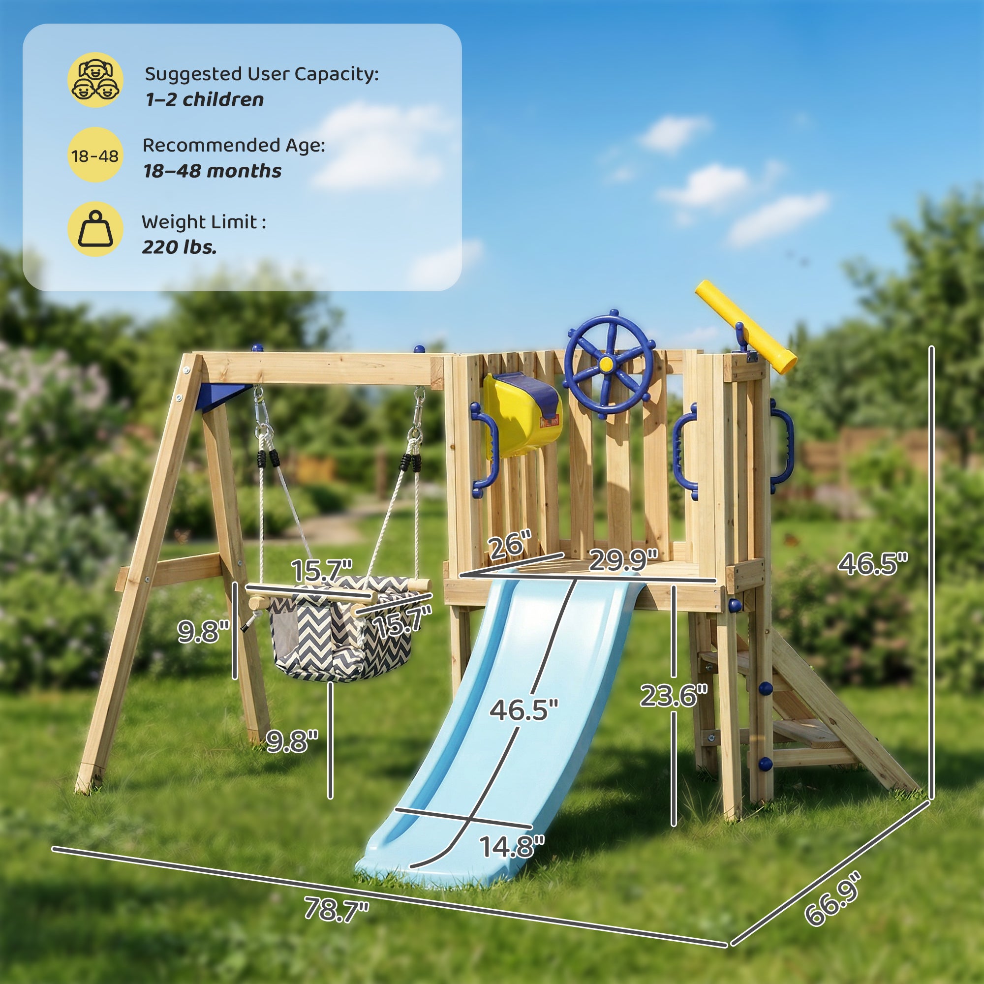 Swing Set for Backyard, Wooden Toddler Outdoor Playset with Baby Swing Seat, Kids Slide, Fort, Playground Equipment with Captain's Wheel, Telescope for Ages 1.5-4, Natural