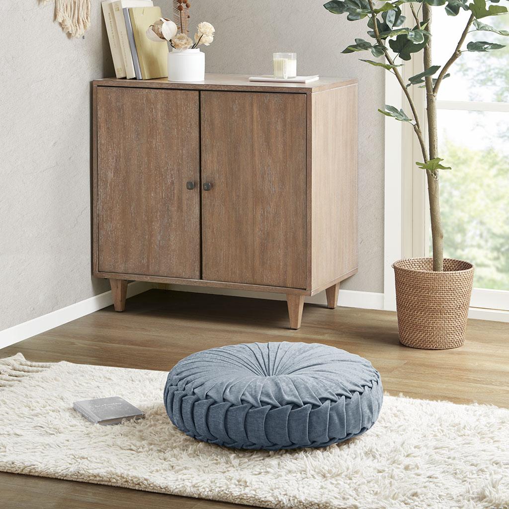 Stylish Poly Chenille Round Floor Pillow Cushion with Textured Fabric, Tufted Button Center, Pleated Detailing, 22" L x 22" W x 6" H, Aqua