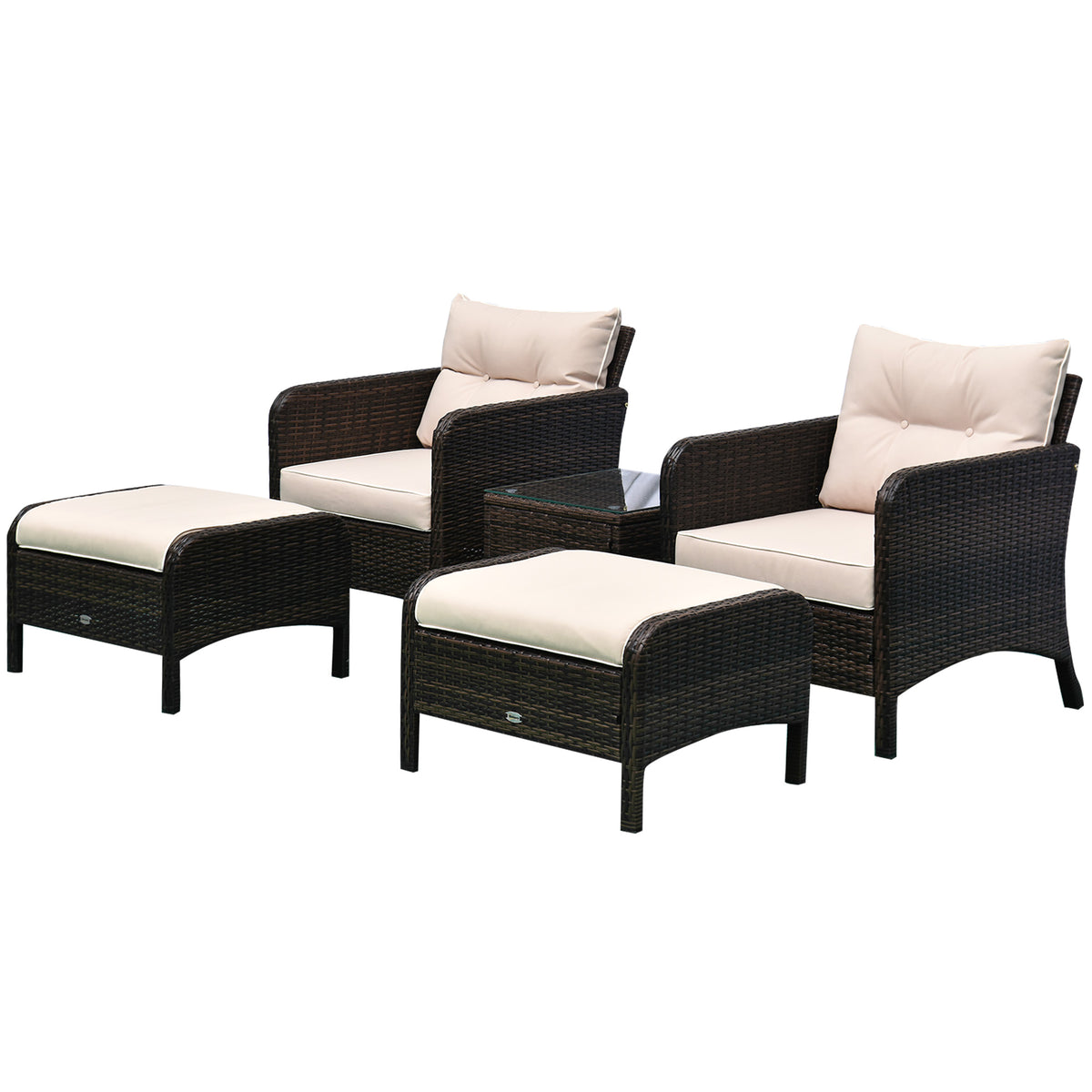 5 Pieces Rattan Wicker Lounge Chair Outdoor Patio Conversation Set with 2 Cushioned Chairs, 2 Ottomans and Tempered Glass Top Coffee Table