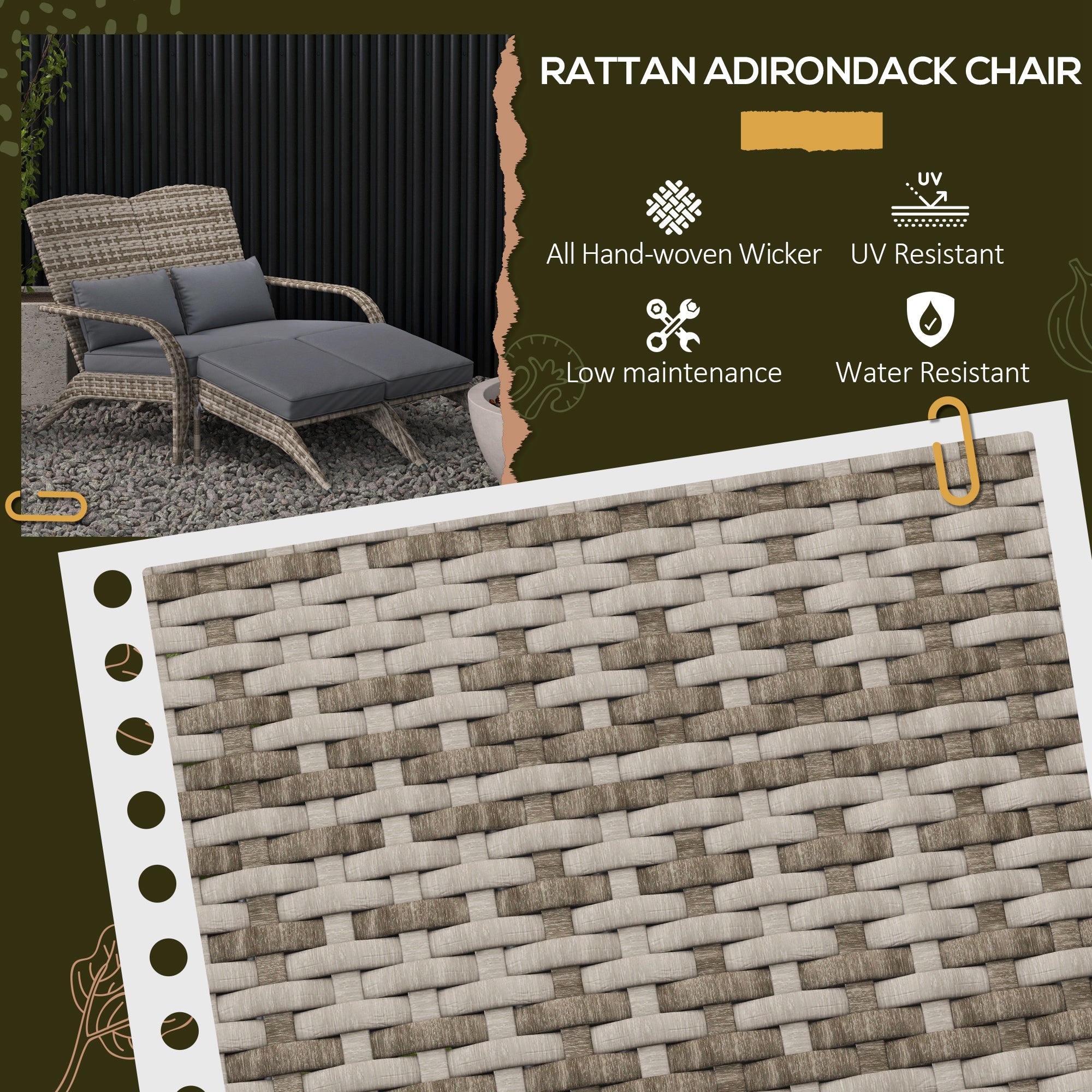 Wicker Adirondack Chair for 2 with Cushions & Footrests, PE Rattan Double Chaise Lounge Chair, Fire Pit Chair for Porch with Wide Armrests, High-back, Gray