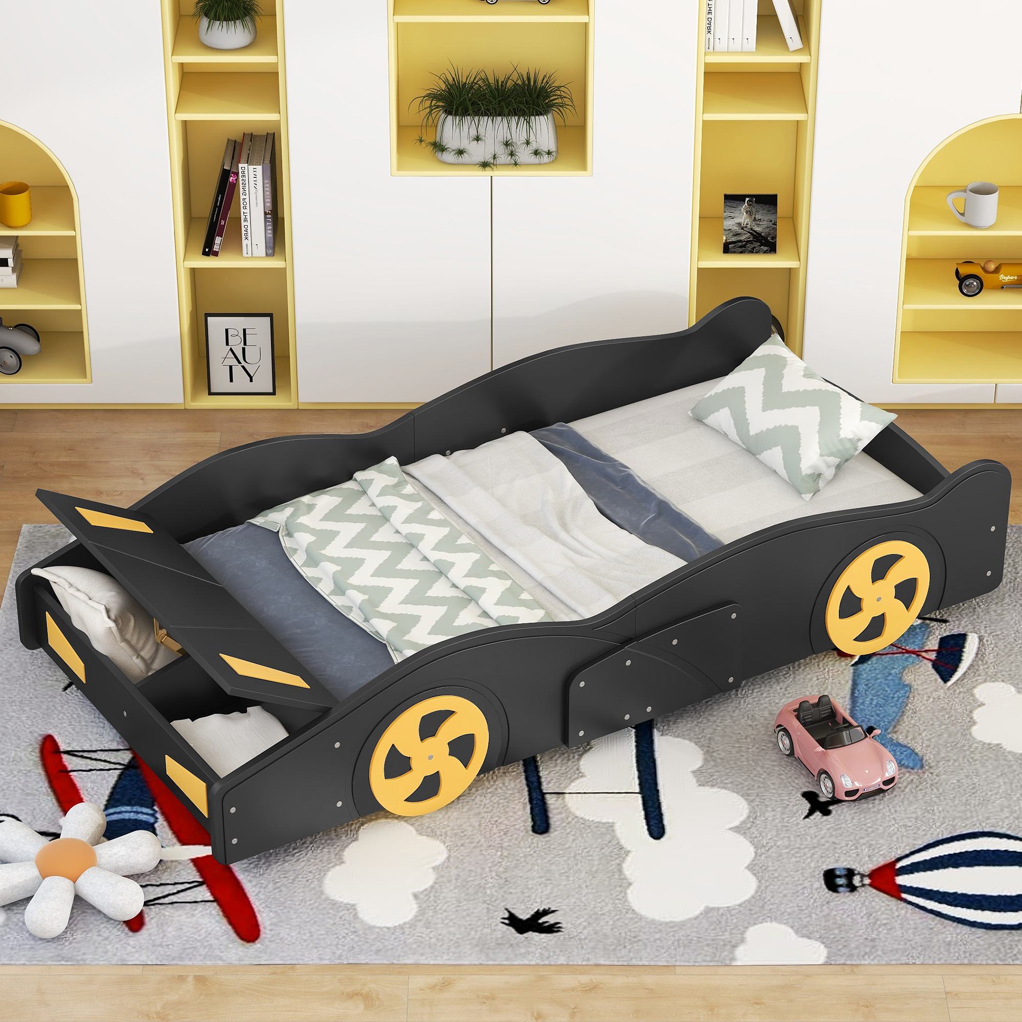 Twin Size Race Car-Shaped Platform Bed with Wheels and Storage, Solid Wood and MDF, 90.5" L x 40" W x 15.5" H, Black