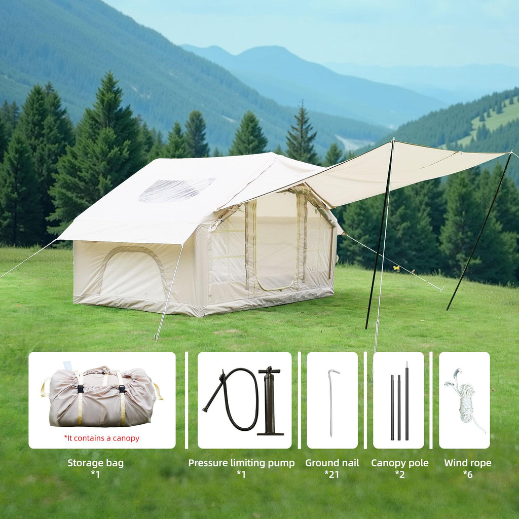 Inflatable 4-Season Camping Tent with Extended Awning, Waterproof Family Tent with Clear Skylight, 118″ L x 82.5″ W x 78.5″ H, Beige
