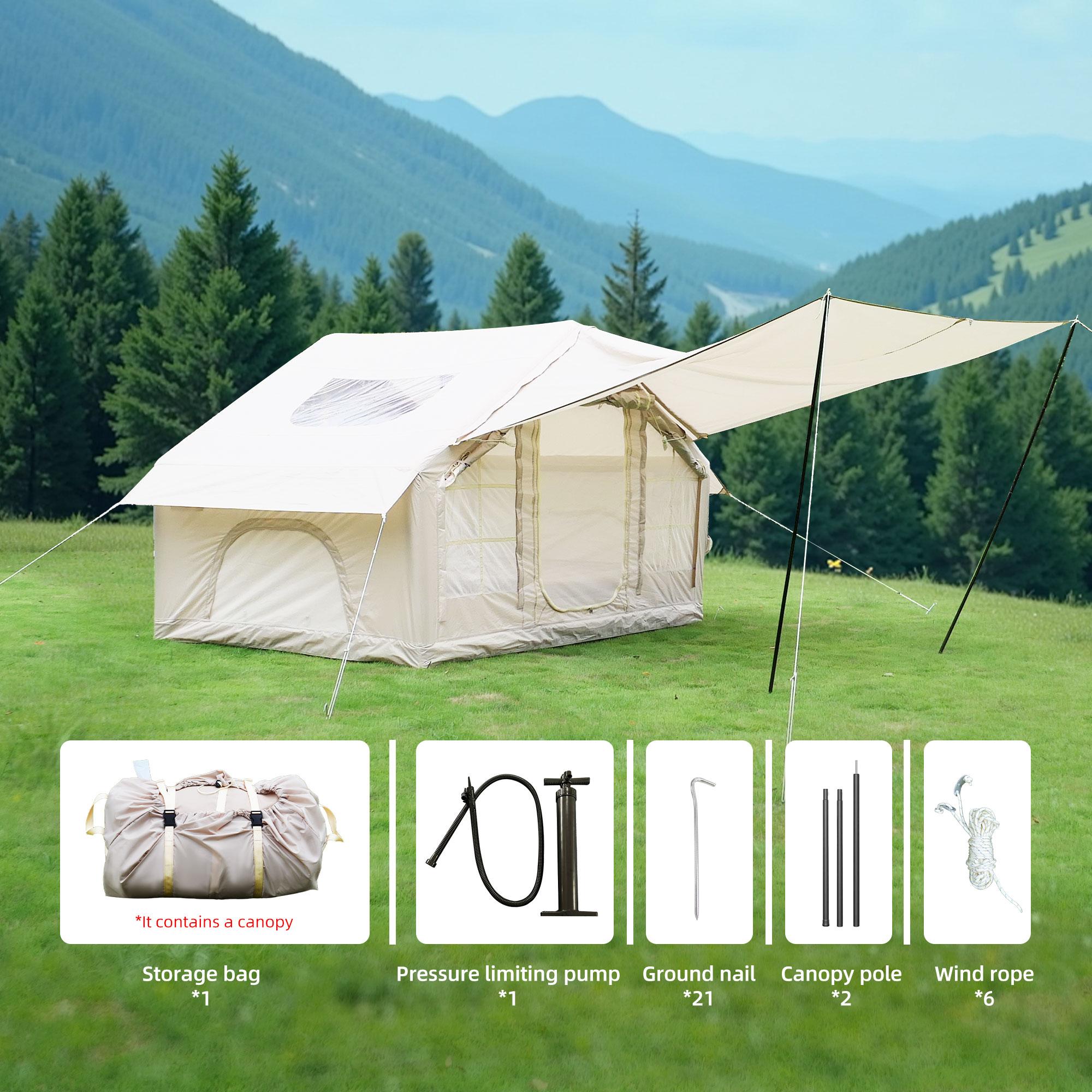 Inflatable 4-Season Camping Tent with Extended Awning, Waterproof Family Tent with Clear Skylight, 118″ L x 82.5″ W x 78.5″ H, Beige