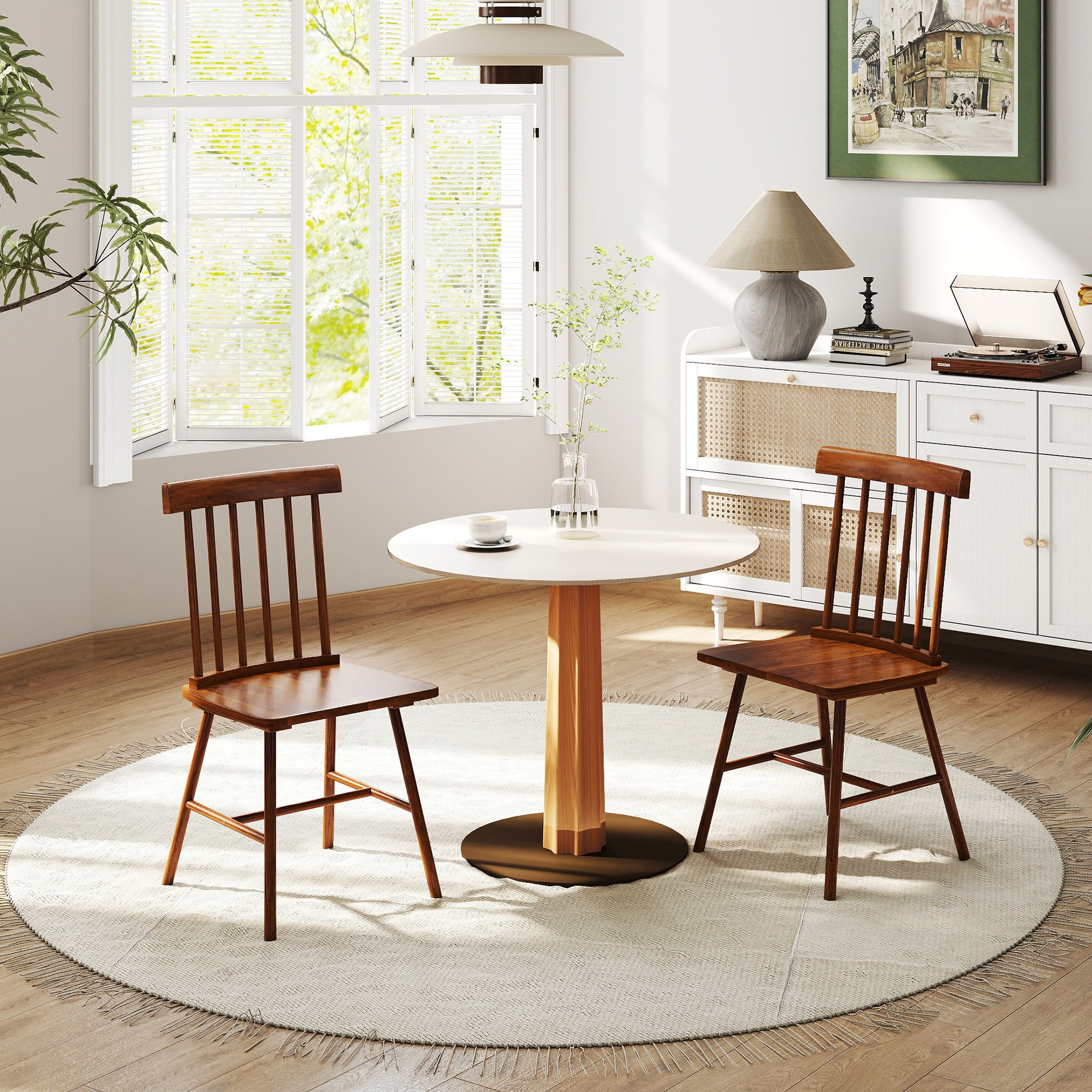 Dining Chairs Set of 2, Farmhouse Wood Kitchen Chairs with Rubber Wood Frame, Spindle Back for Dining Room, Light Brown