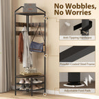 Corner Hall Tree, Industrial 4-Tier Coat Rack with Shoe Storage, 8 Movable Hooks and 2 Shelves for Hallway, Rustic Brown