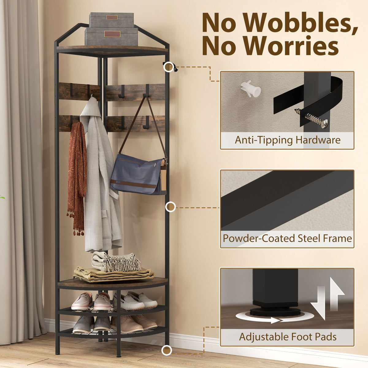 Corner Hall Tree, Industrial 4-Tier Coat Rack with Shoe Storage, 8 Movable Hooks and 2 Shelves for Hallway, Rustic Brown
