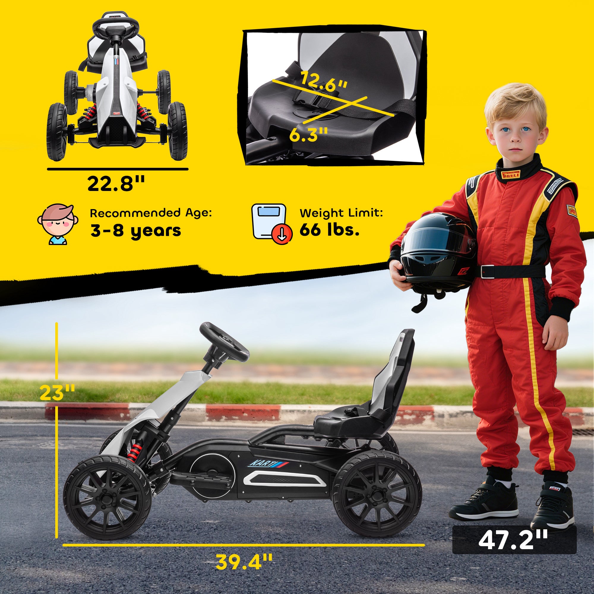 12V Electric Go Kart for Kids, Ride On Toy with EVA Tires, 2 Speeds, Adjustable Seat, Safety Belt for 3-8 Years, White
