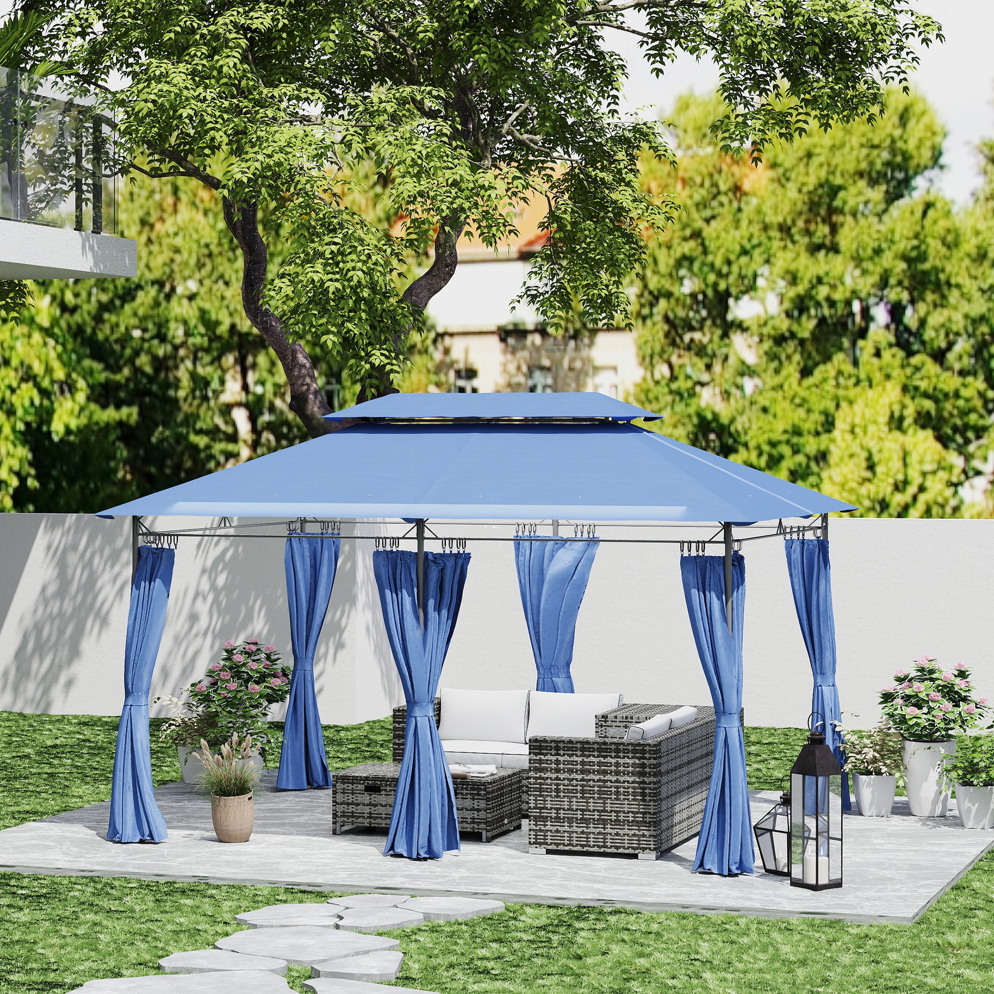 10' x 13' Double Roof Patio Gazebo, Outdoor Gazebo with Curtains, for Garden, Lawn, Backyard and Deck, Dark Blue