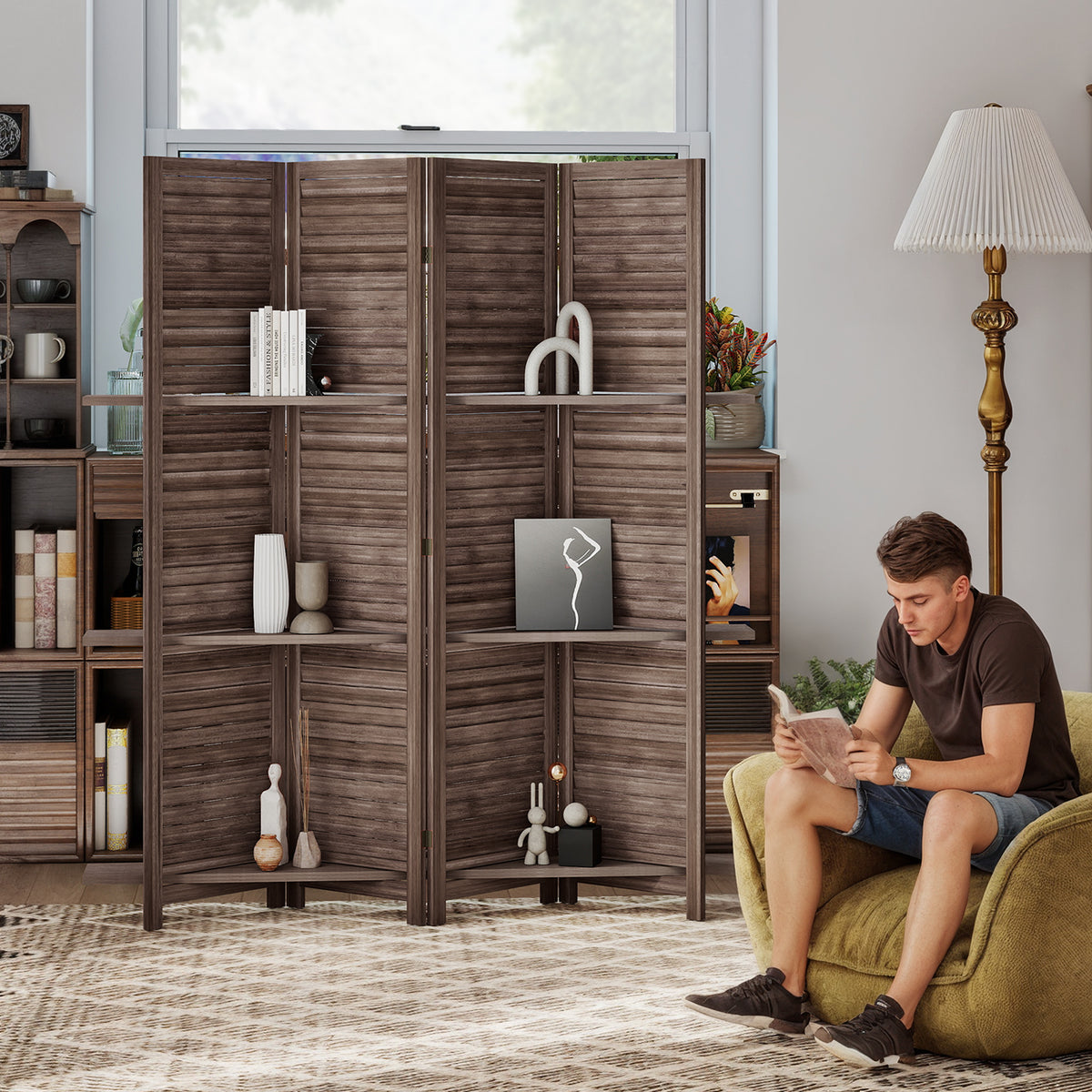 4 Panel 67" Tall Wood Privacy Screen Room Divider with 3 Shelves and Folding Storage for Bedroom, Walnut
