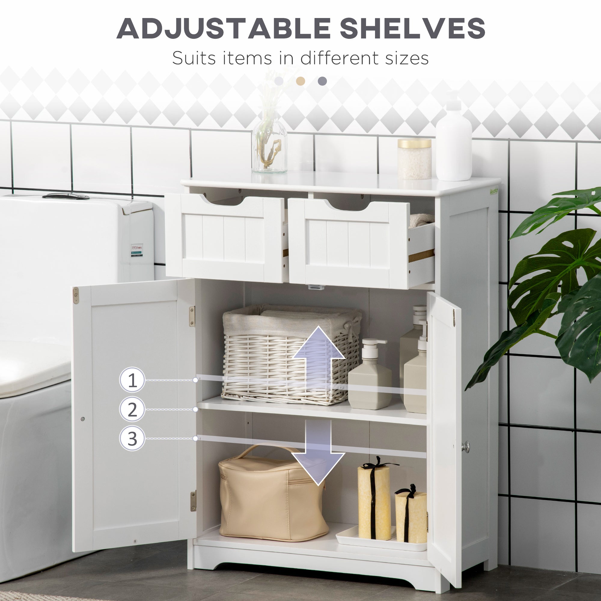 Freestanding Bathroom Storage Cabinet, Floor Cabinet with 2 Drawers, Adjustable Shelf, for Bathroom, Living Room or Entryway, White