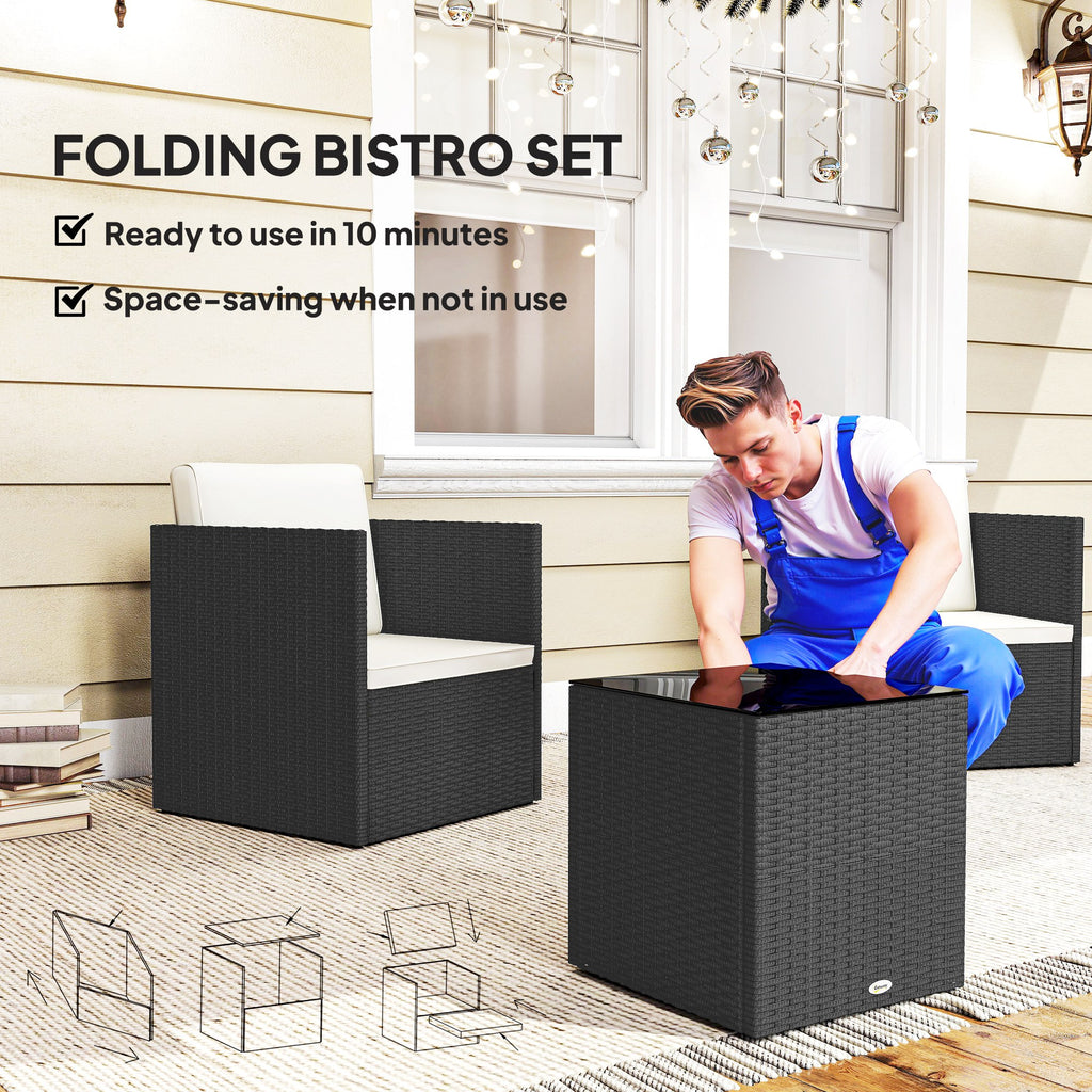 Folding Wicker Bistro Set, 3 Piece Patio Furniture Set with Cushions and Glass Coffee Table for Porch, Balcony, Black