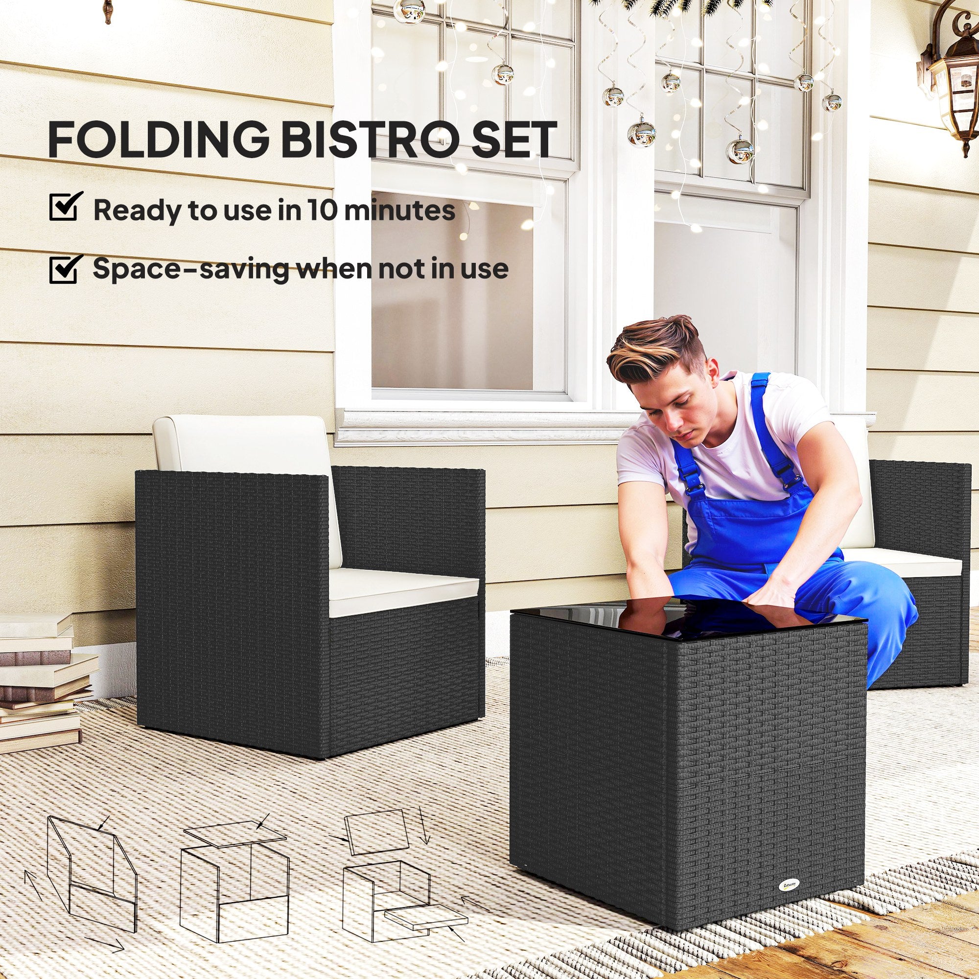 Folding Wicker Bistro Set, 3 Piece Patio Furniture Set with Cushions and Glass Coffee Table for Porch, Balcony, Black