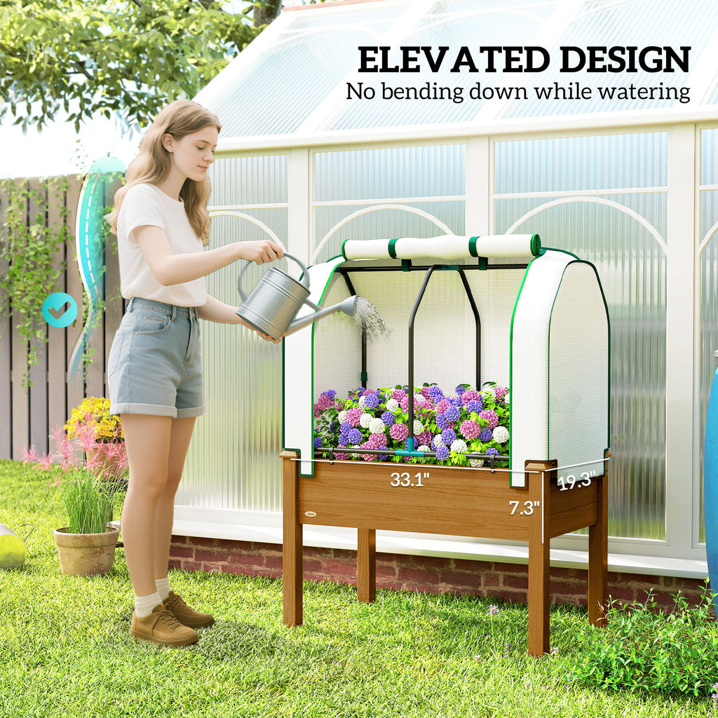 Raised Garden Bed with PE Greenhouse Cover Outdoor Planter Box for Herbs and Vegetables, 35 x 22 x 47 inch, Brown