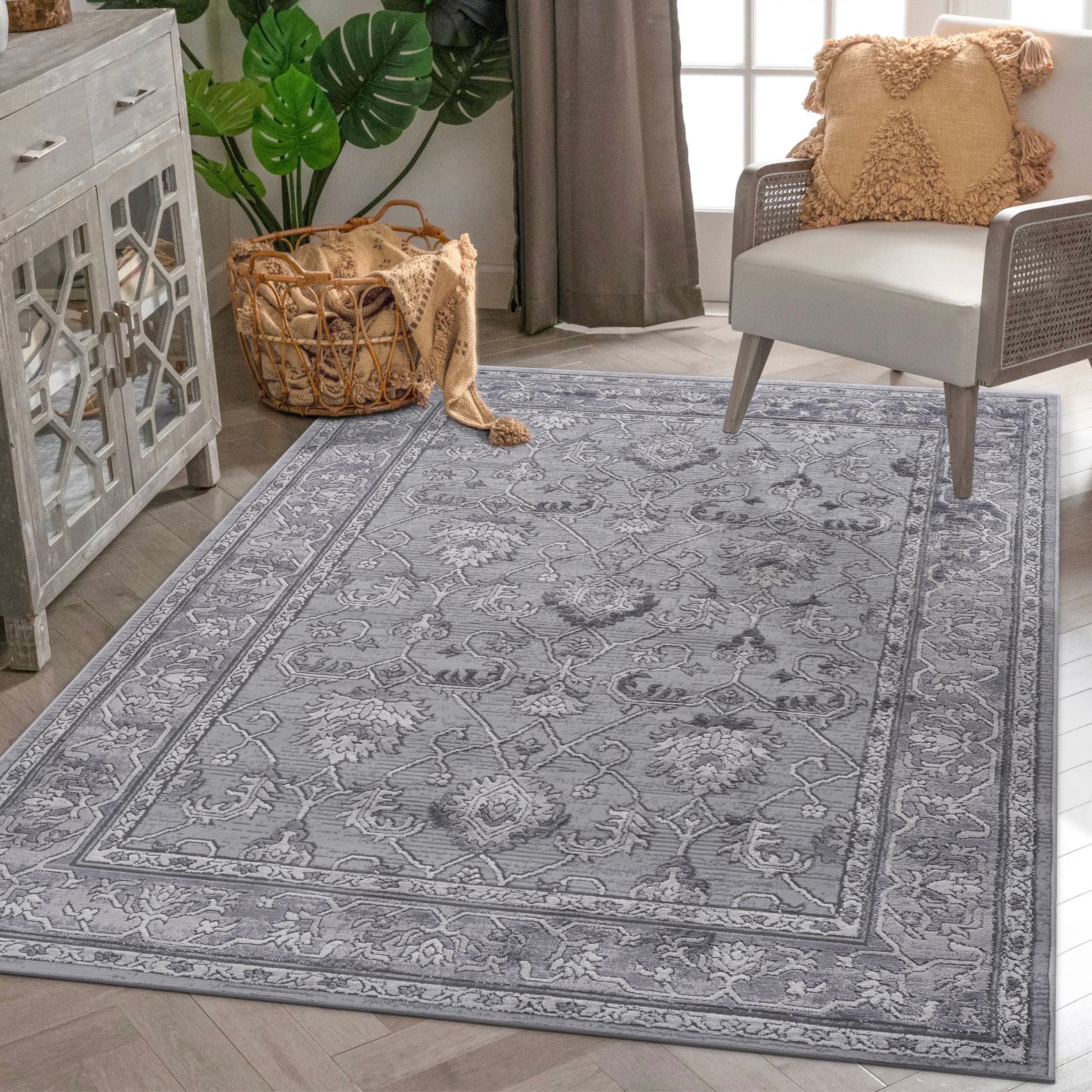 Naar 5x7 Stain-Resistant Area Rug with Non-Shedding Design and Cotton Backing, Kid and Pet-Friendly Carpet, 90" L x 63" W x 0.35" H, Gray