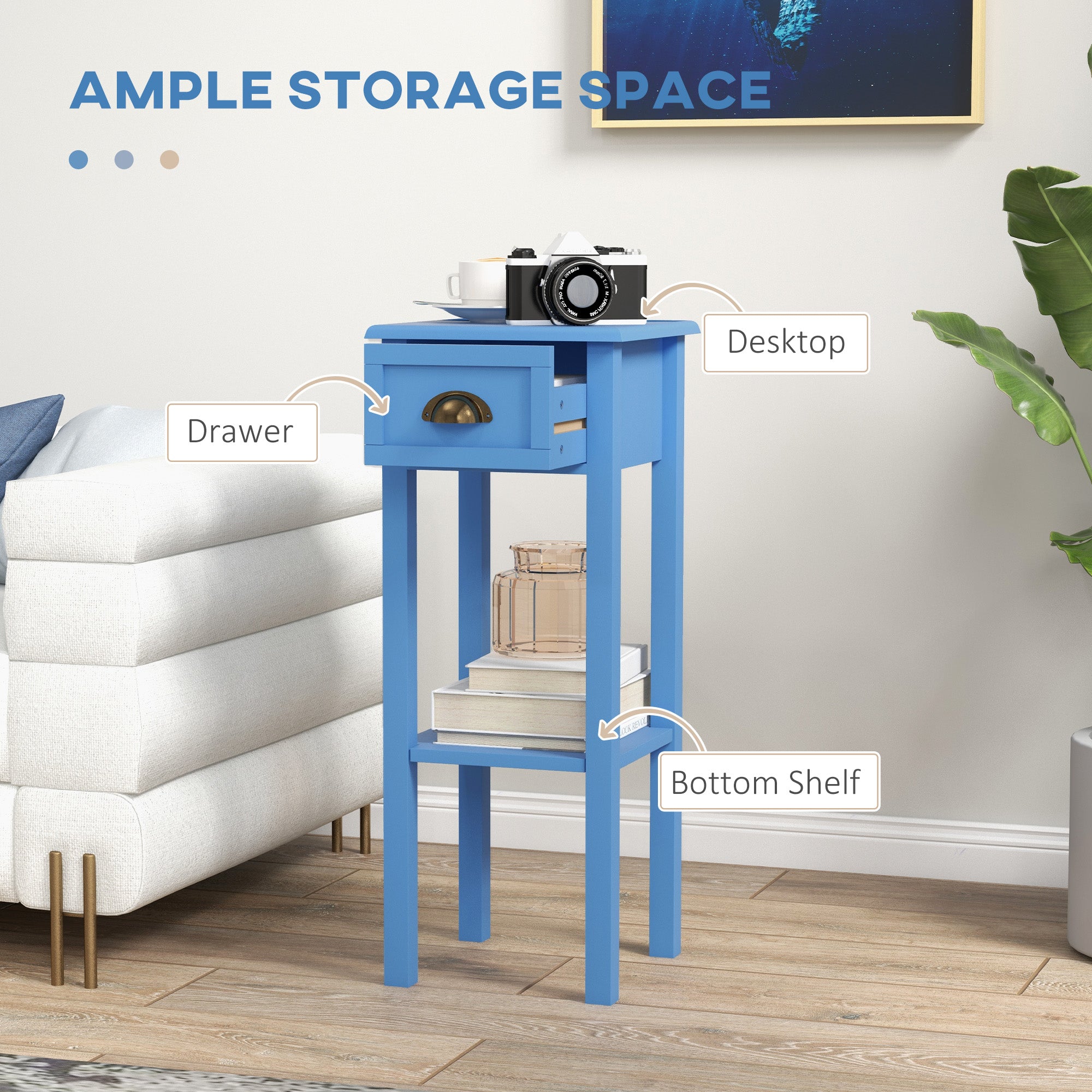2-Tier Side Table with Drawer and Shelf, End Table for Living Room and Hallway, Light Blue