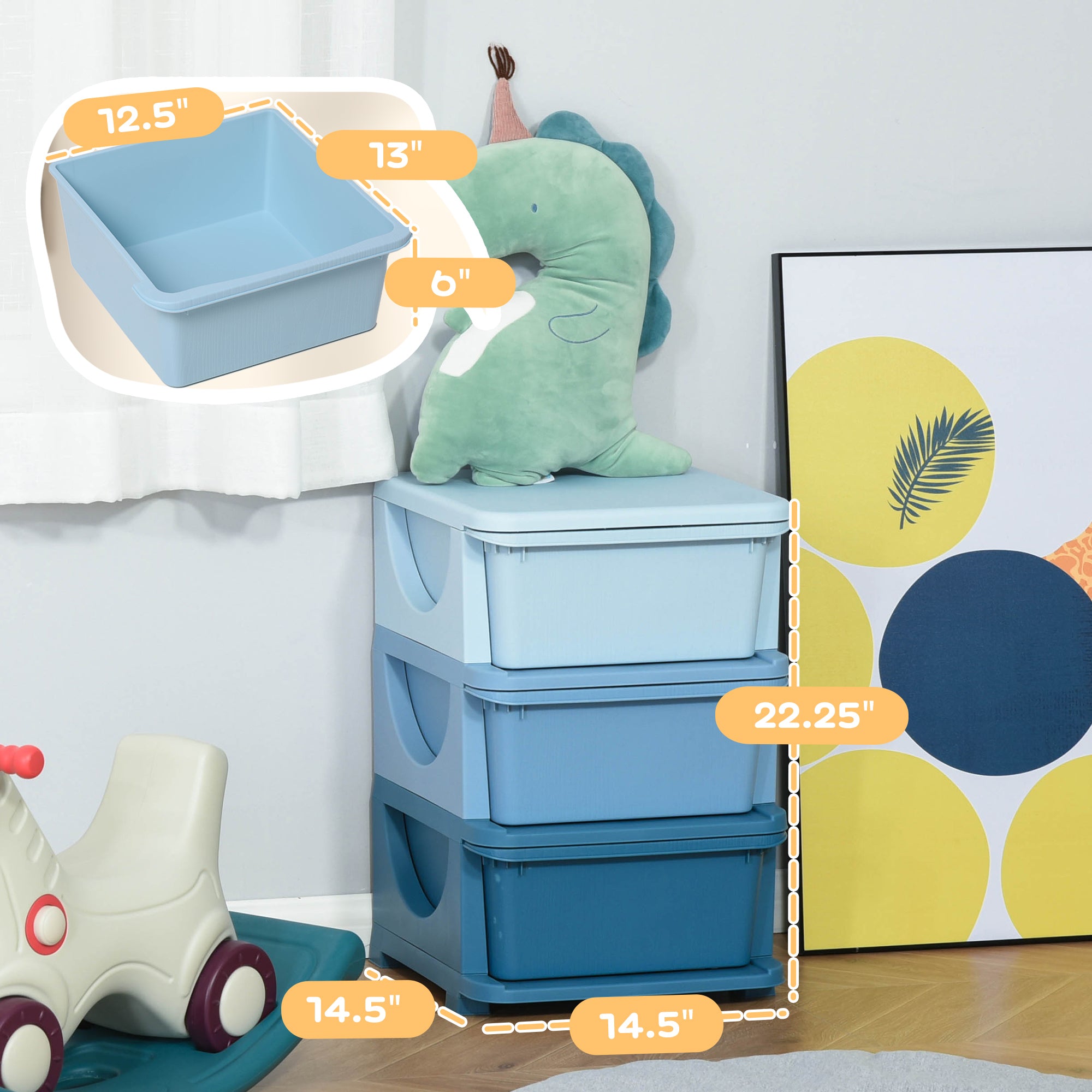 3 Tier Kids Storage Unit, Toy Organizers and Storage with 3 Drawer for Bedroom Nursery Living Room for Boys Girls, Blue