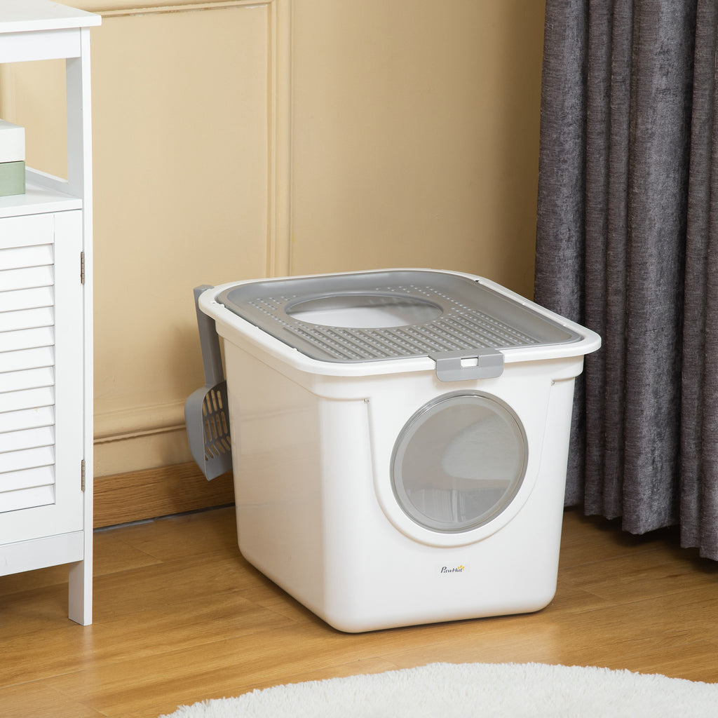 Covered Cat Litter Box, Easy Cleaning Kitty Litter Box with Front Entrance, Top Exit, Scoop, for Odor Control, White
