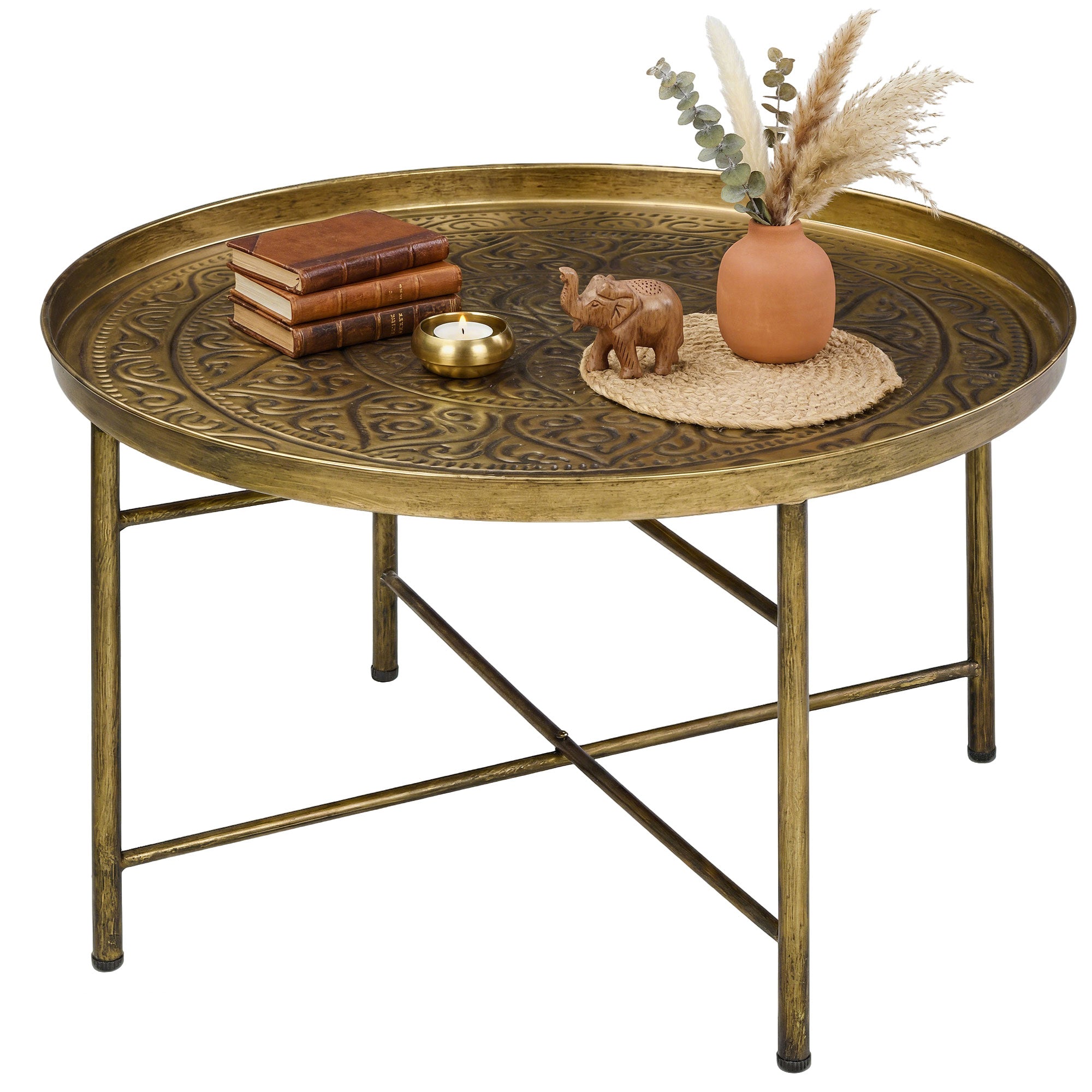 Coffee Table for Living Room, 24" Round Center Table with Hammered Tray Top and Metal Frame for Bedroom, Gold
