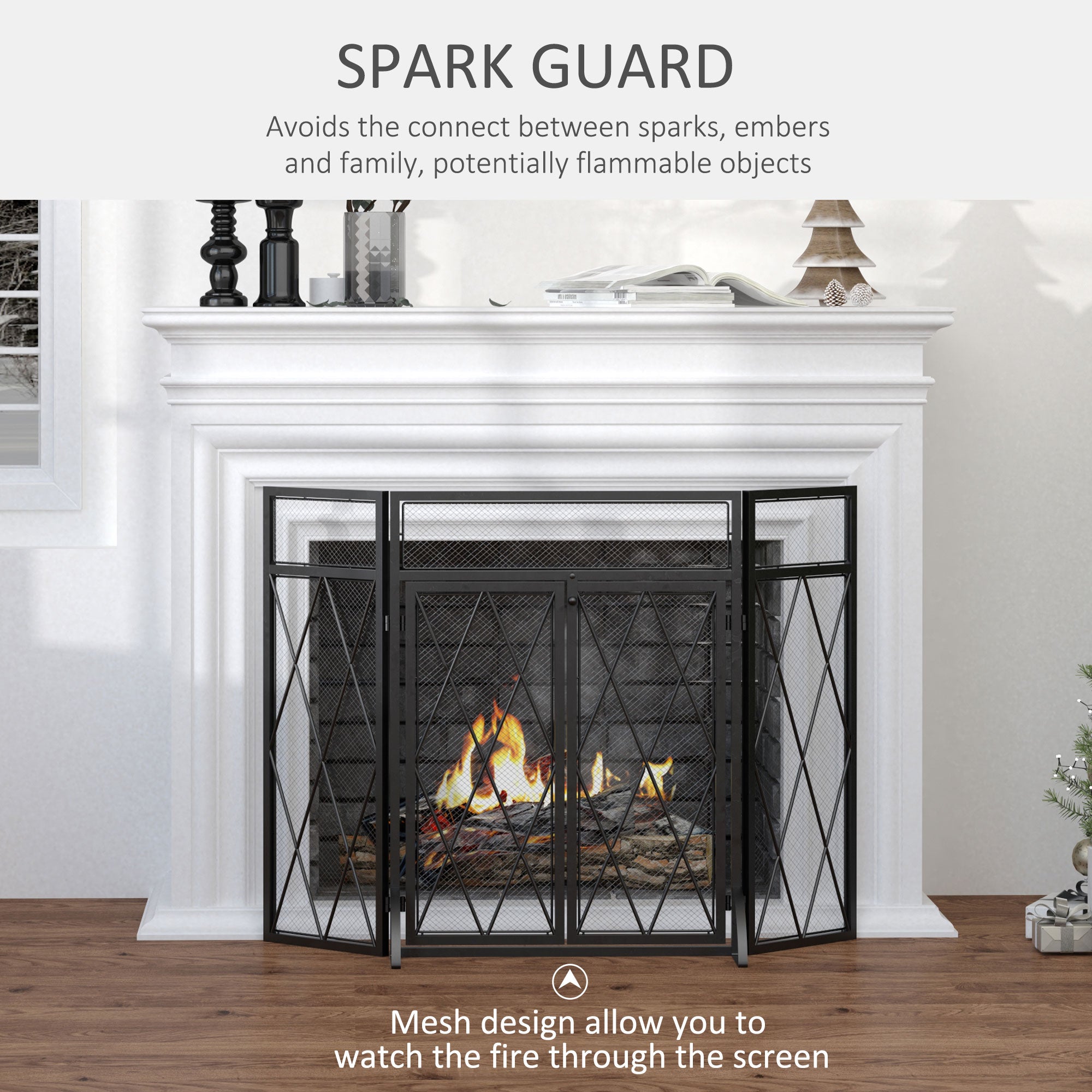 3-Panel Folding Fireplace Screen for Wood Burning with Double Doors, Home Heavy Duty Steel Fire Spark Guard, 47.25" W x 31" H, Black