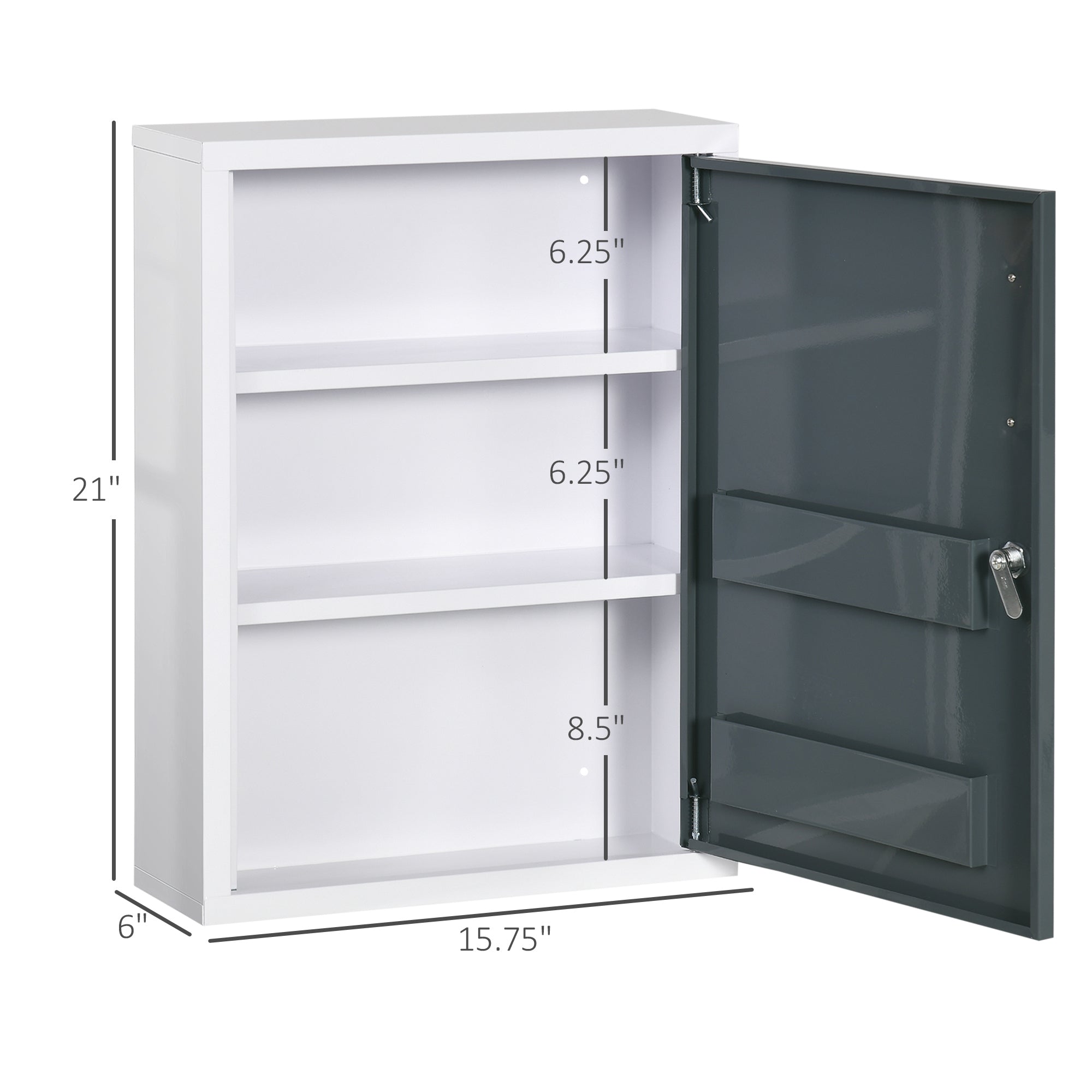 Bathroom Medicine Cabinet with Shelves Inside & On Door, Locking Medical Cabinet for Child & Pet Safety, First Aid Bathroom Wall Cabinet, White and Gray