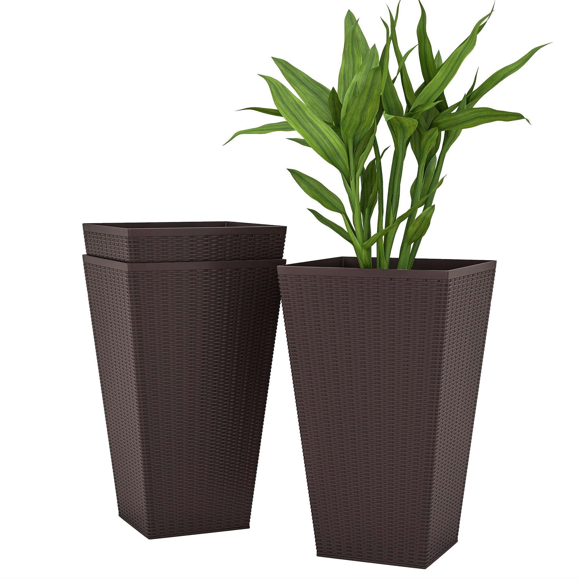 Set of 3 Tall Planters with Drainage Hole, 24" Outdoor Flower Plant Pots, Indoor Planters for Porch, Front Door, Entryway, Patio and Deck, Brown