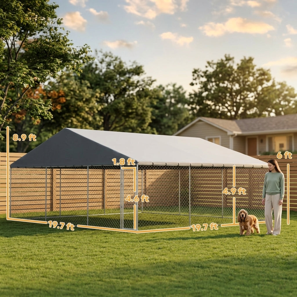 Heavy Duty Outdoor Dog Kennel with Waterproof Roof, Secure Latch, Chain Link Dog Run for Backyard, 19.7' x 19.7' x 8.9'
