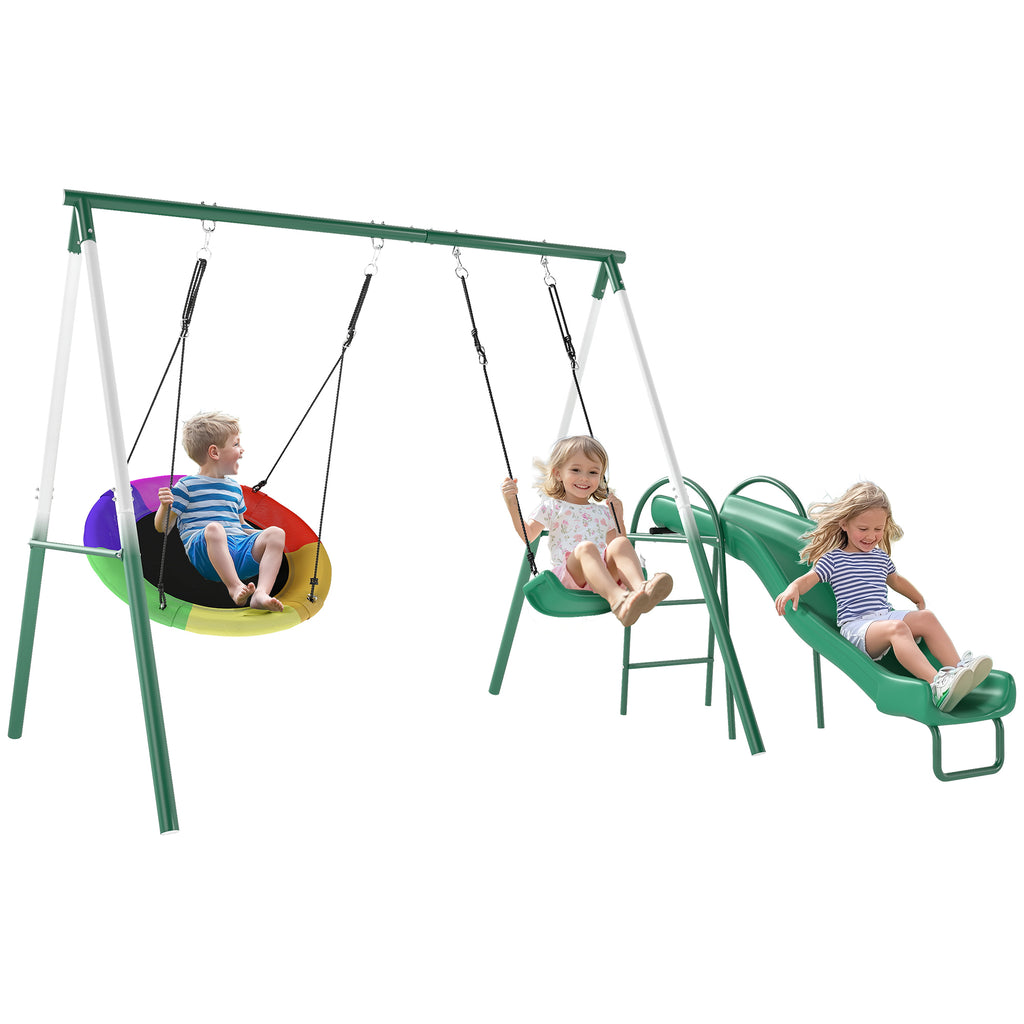 Metal Swing Set with Slide, Saucer Swing Seat, Heavy Duty A-Frame Stand and Adjustable Rope for Backyard, Dark Green
