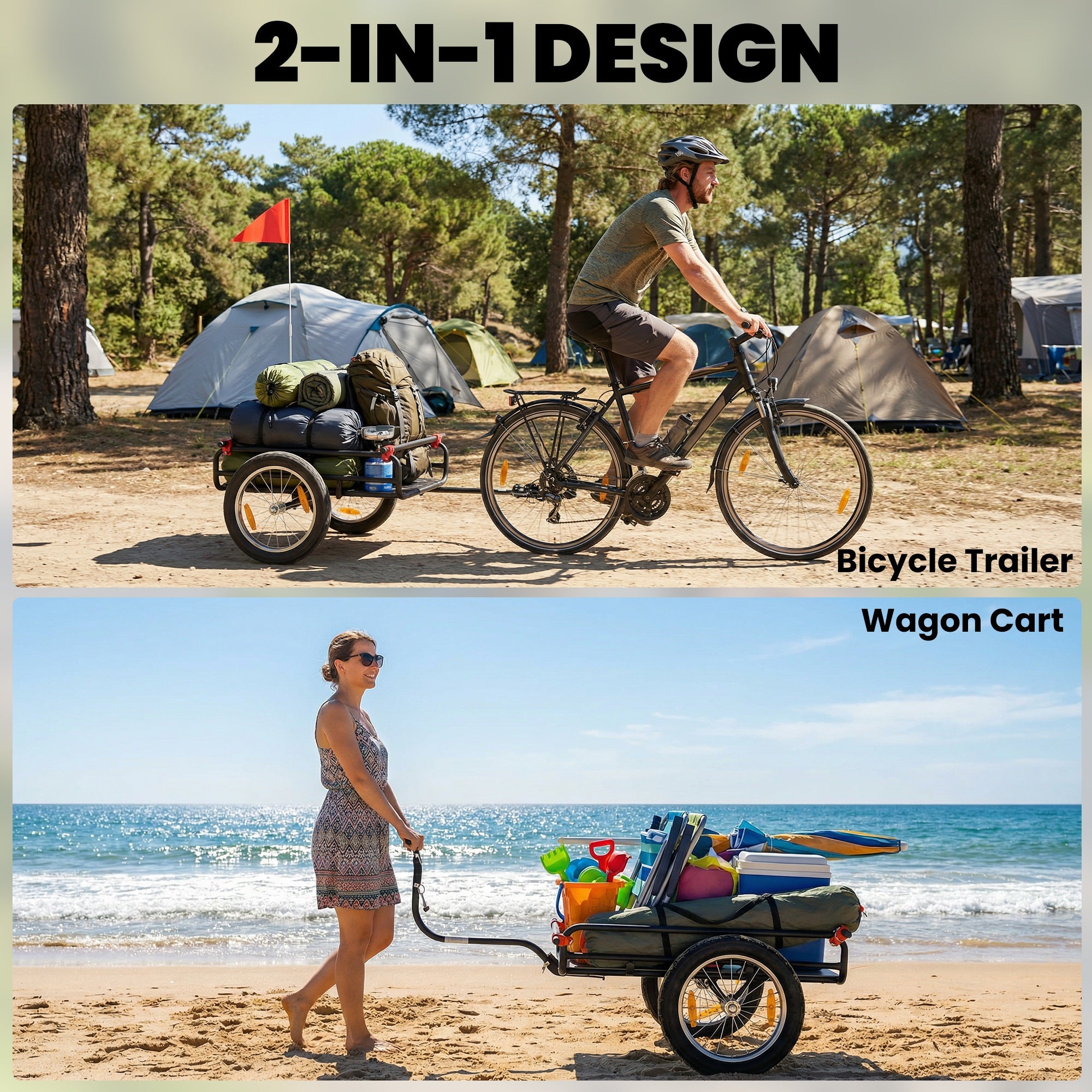 2-In-1 Bike Cargo Trailer & Wagon Cart, Multi-Use Bicycle Trailer with Quick Release 16" Pneumatic Wheels, Kickstand