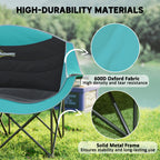 Padded Folding Camp Chair for Adults, Double Camping Chair with Armrests, Cup Holders, Carry Bag for Outdoor, Green