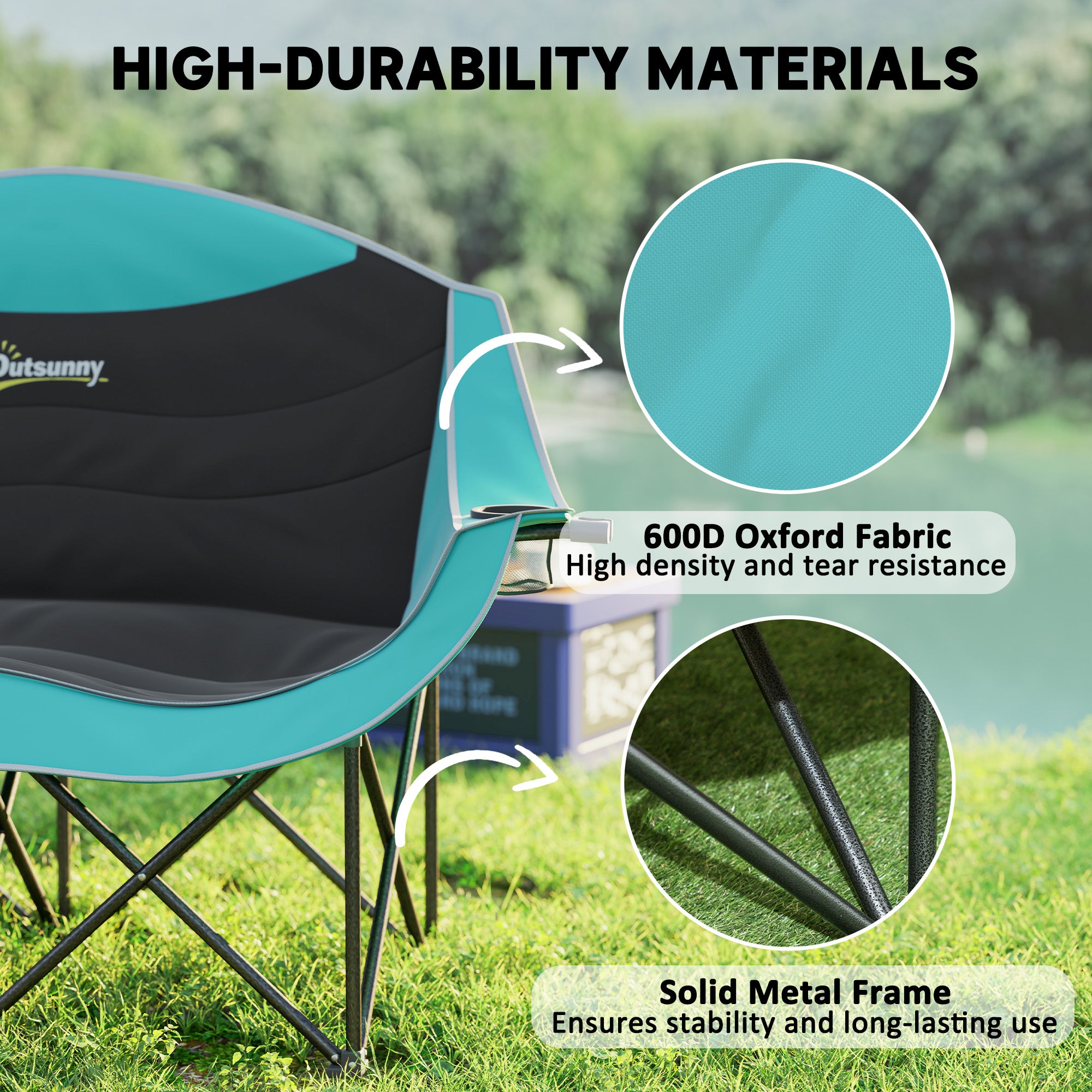 Padded Folding Camp Chair for Adults, Double Camping Chair with Armrests, Cup Holders, Carry Bag for Outdoor, Green