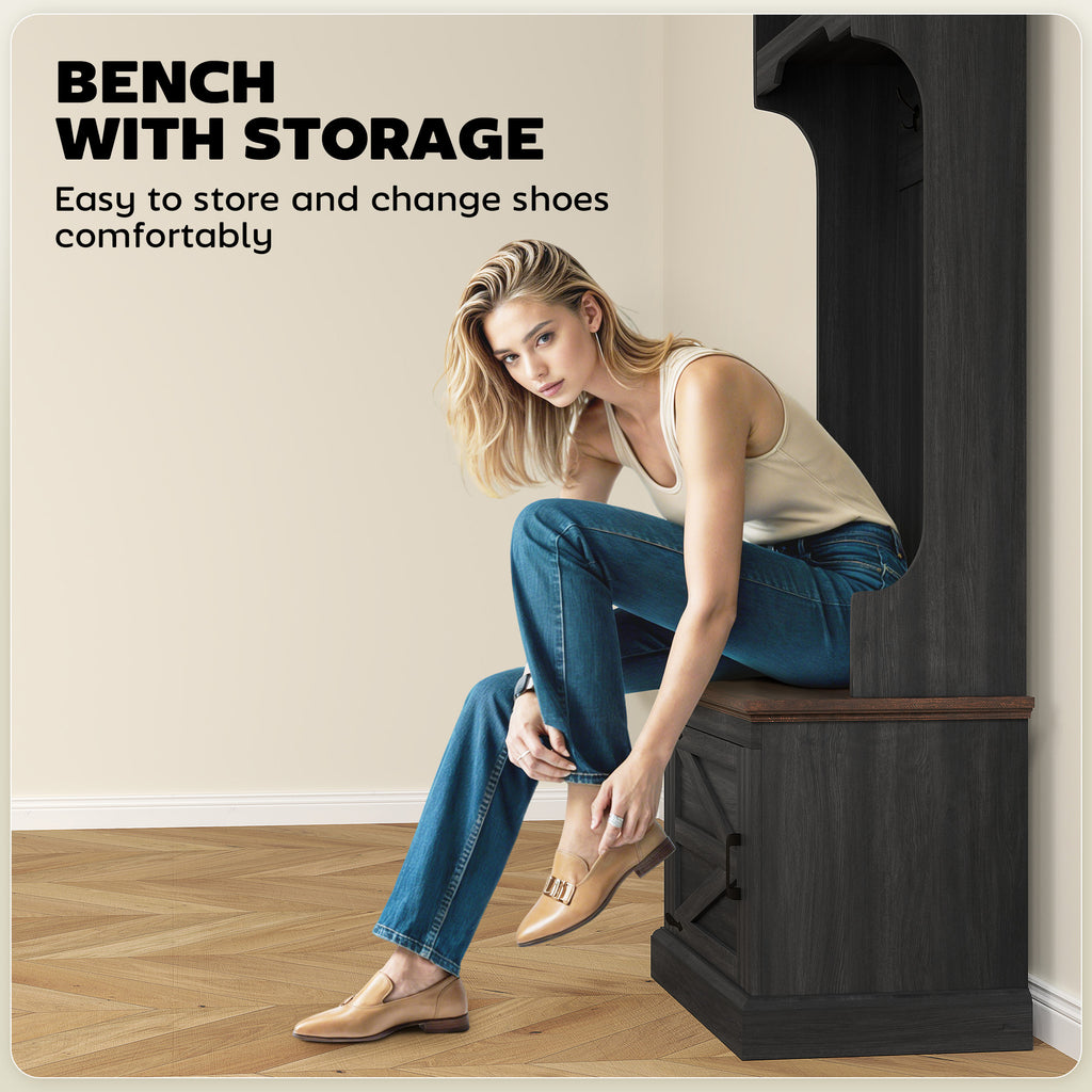 3-in-1 Hall Tree with Shoe Storage, Coat Rack with Bench, Entryway Furniture with Five Hooks, Black Wood Grain