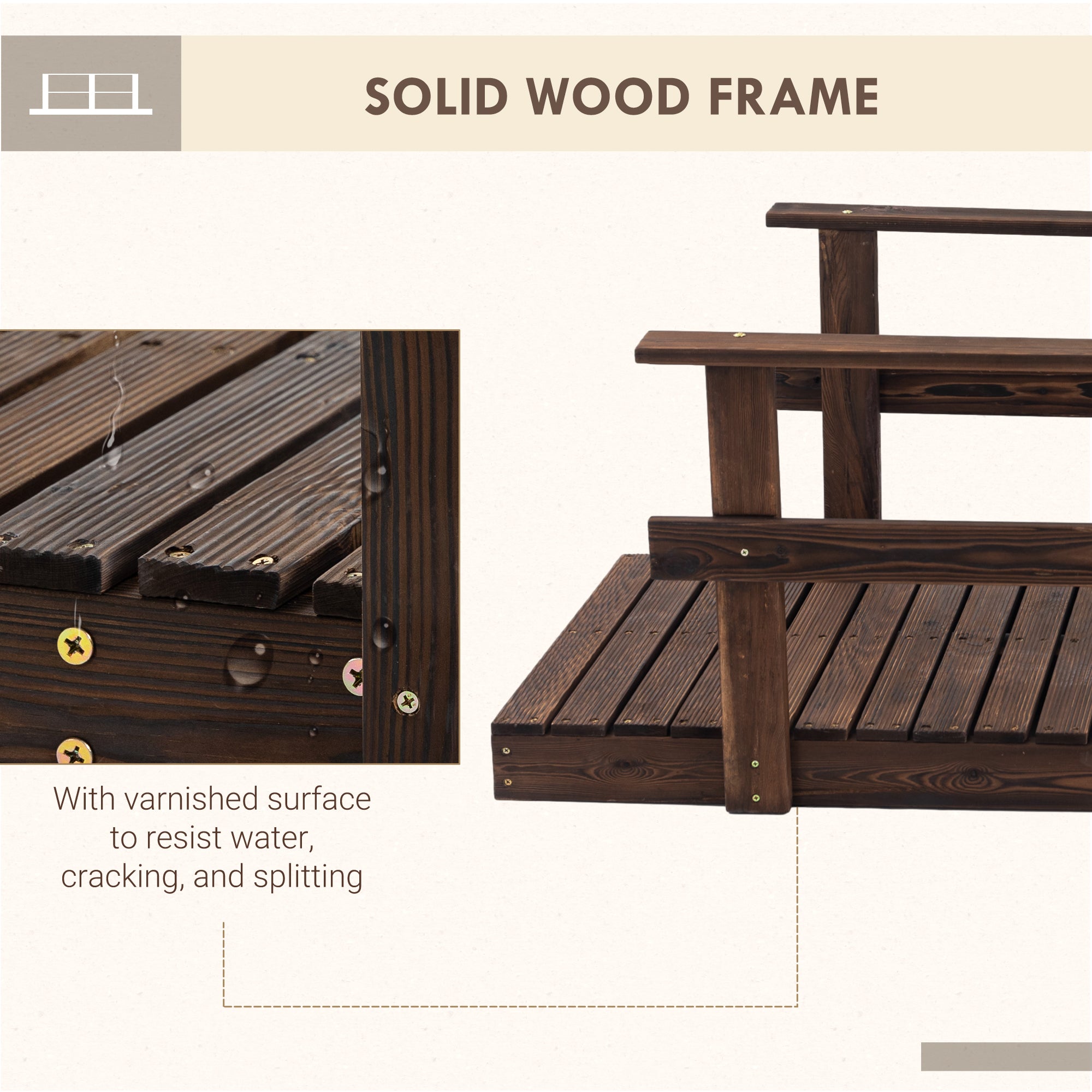 7' Garden Bridge with Pine Wood and Stained Finish for Backyard Ponds Creeks Streams Wood