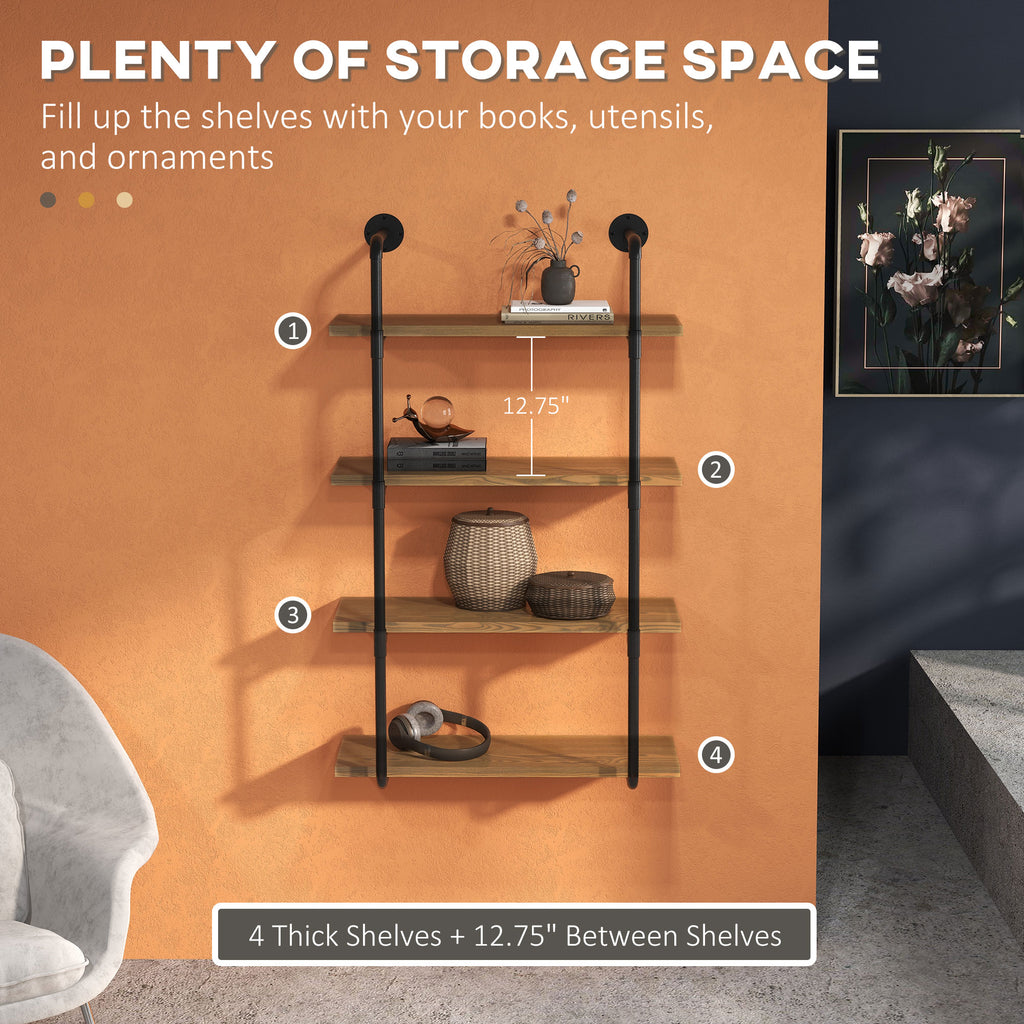 4-Tier Industrial Pipe Shelves Floating Wall Mounted Bookshelf, Metal Frame Display Rack, Rustic Brown
