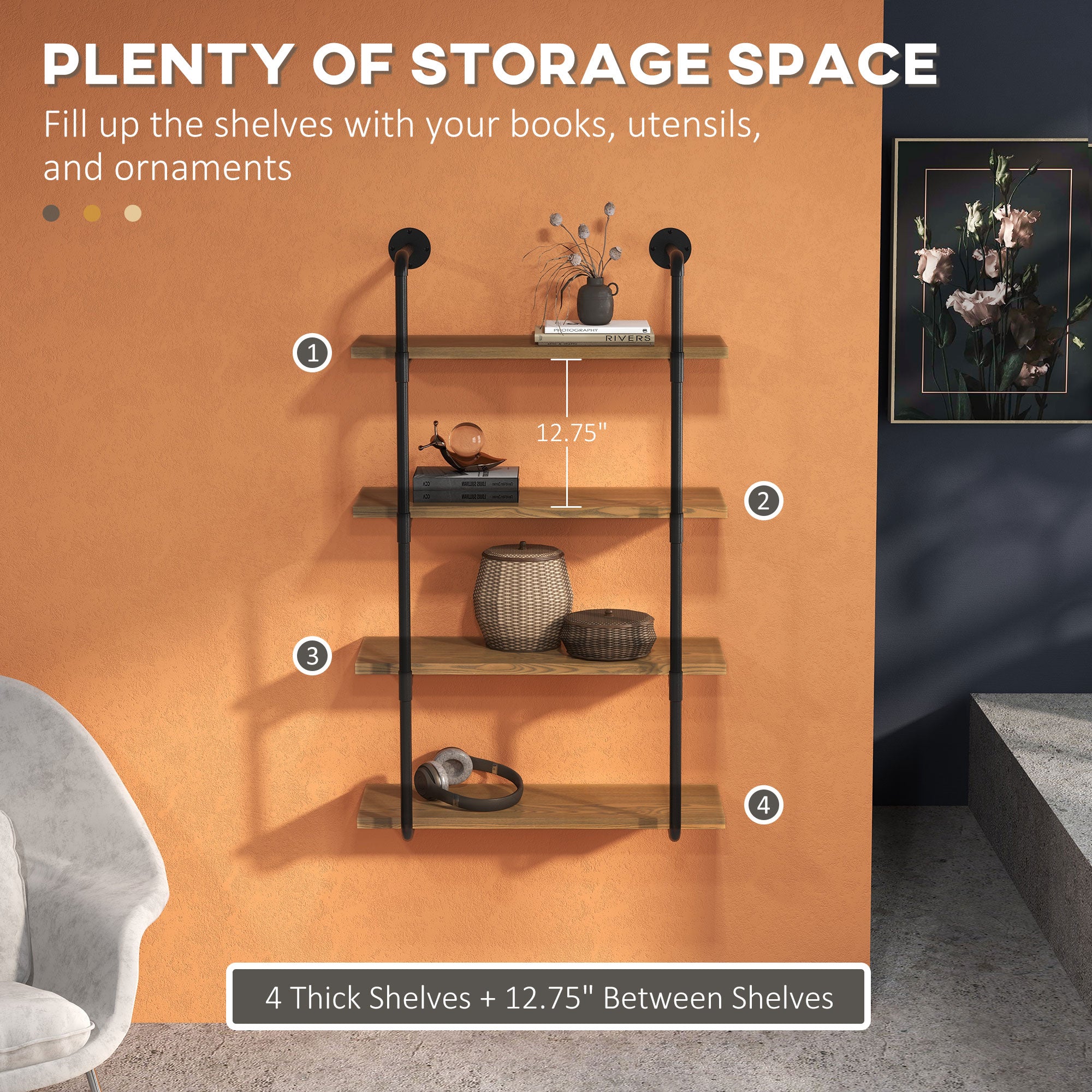 4-Tier Industrial Pipe Shelves Floating Wall Mounted Bookshelf, Metal Frame Display Rack, Rustic Brown