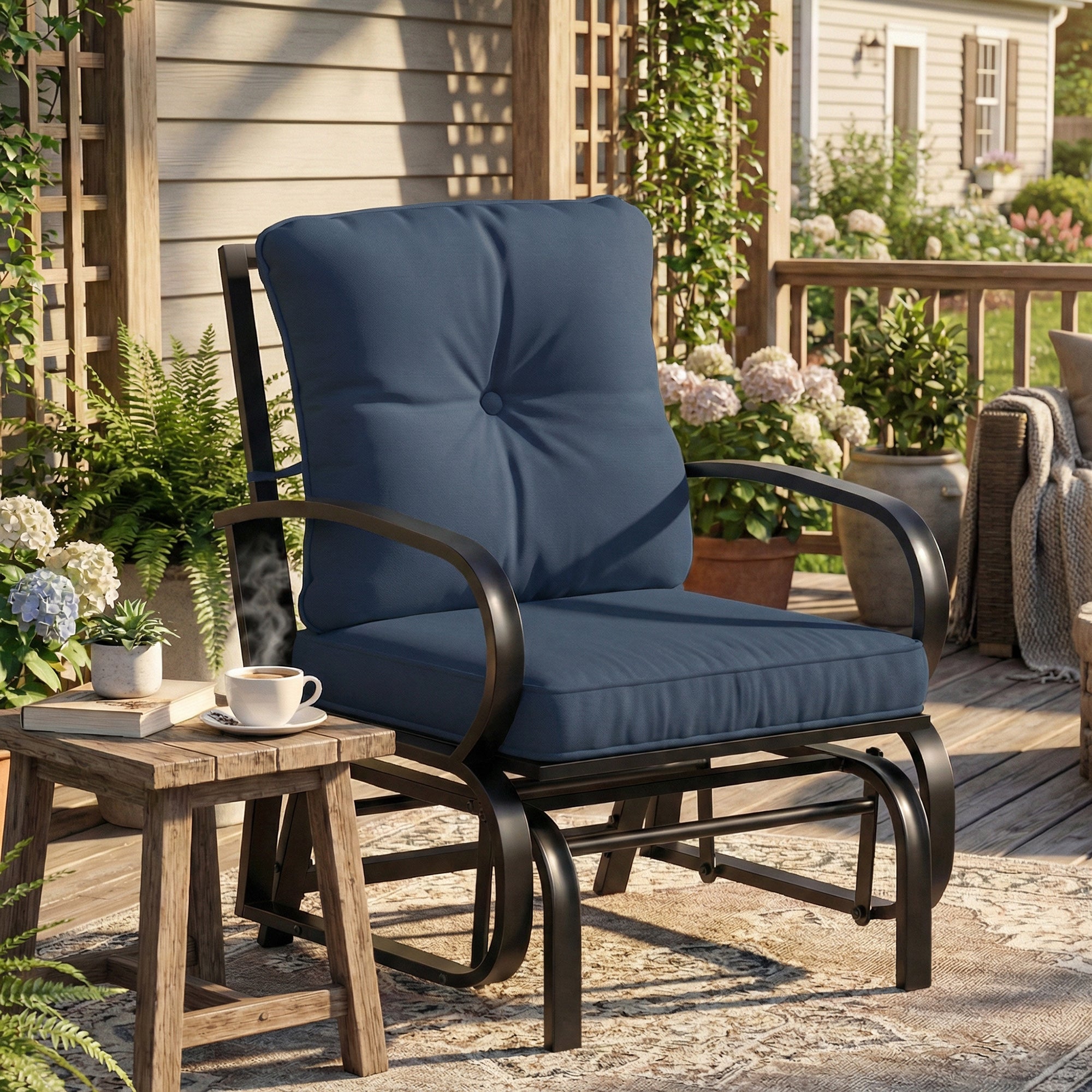 Patio Glider, Outdoor Glider Chair with Cushions, Steel Frame, Curved Armrests, Dark Blue