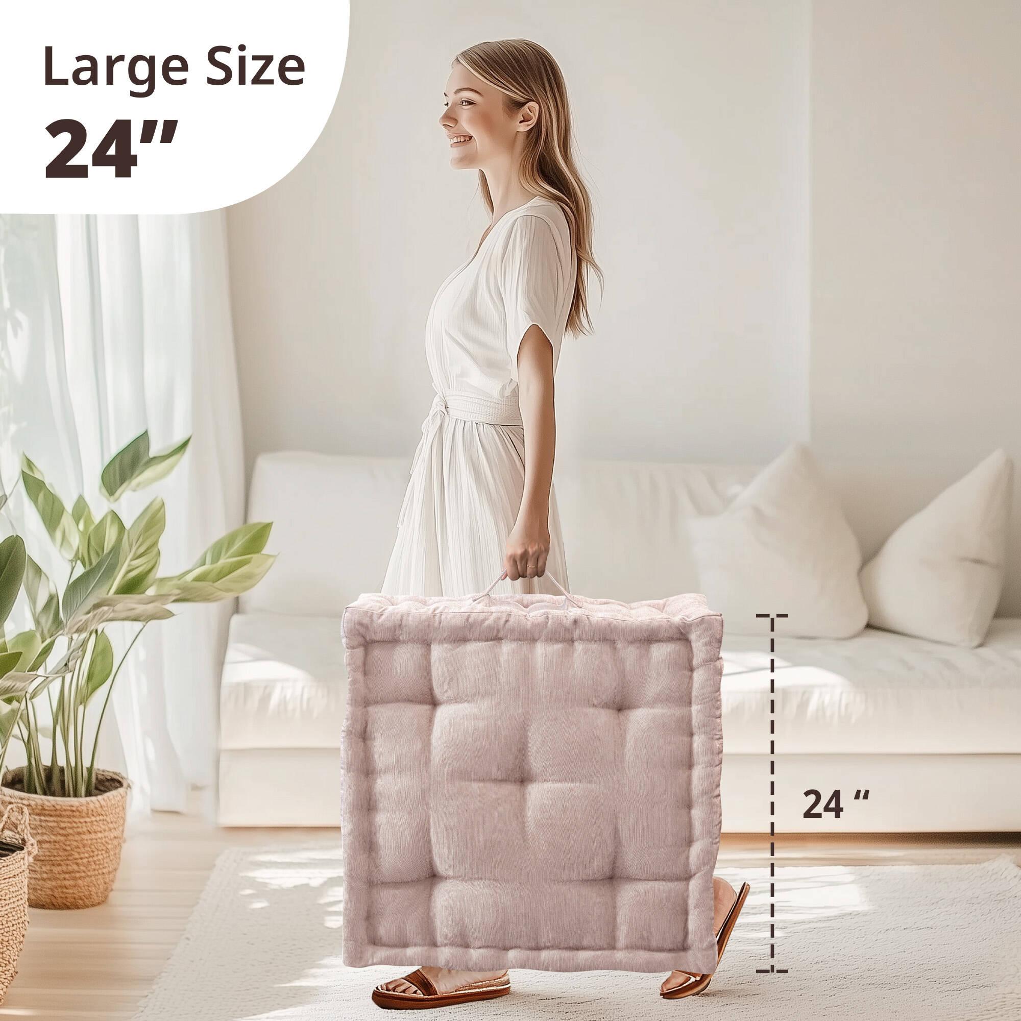 Textured Poly Chenille Square Floor Pillow Cushion with Hypoallergenic Polyester, Tufted Detailing, Scalloped Edge, 24" L x 24" W x 5" H, Blush