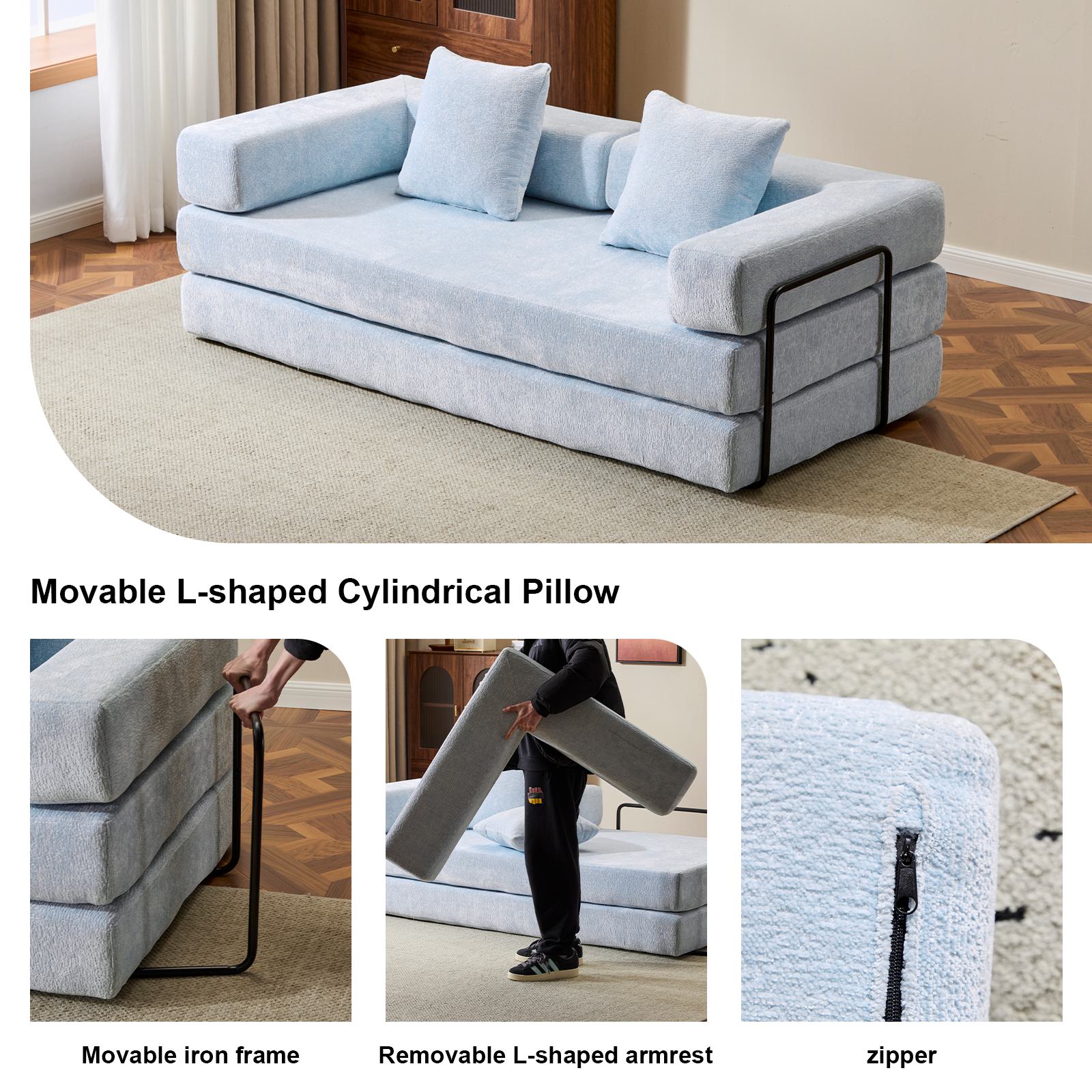 Foldable Sofa Bed Convertible Floor Sofa with Pillow Back Support and Armrest, Compressed Sofa Lounge Sleeper with Chenille Fabric, 77'' L x 37.5'' W x 23.5'' H, Light Blue