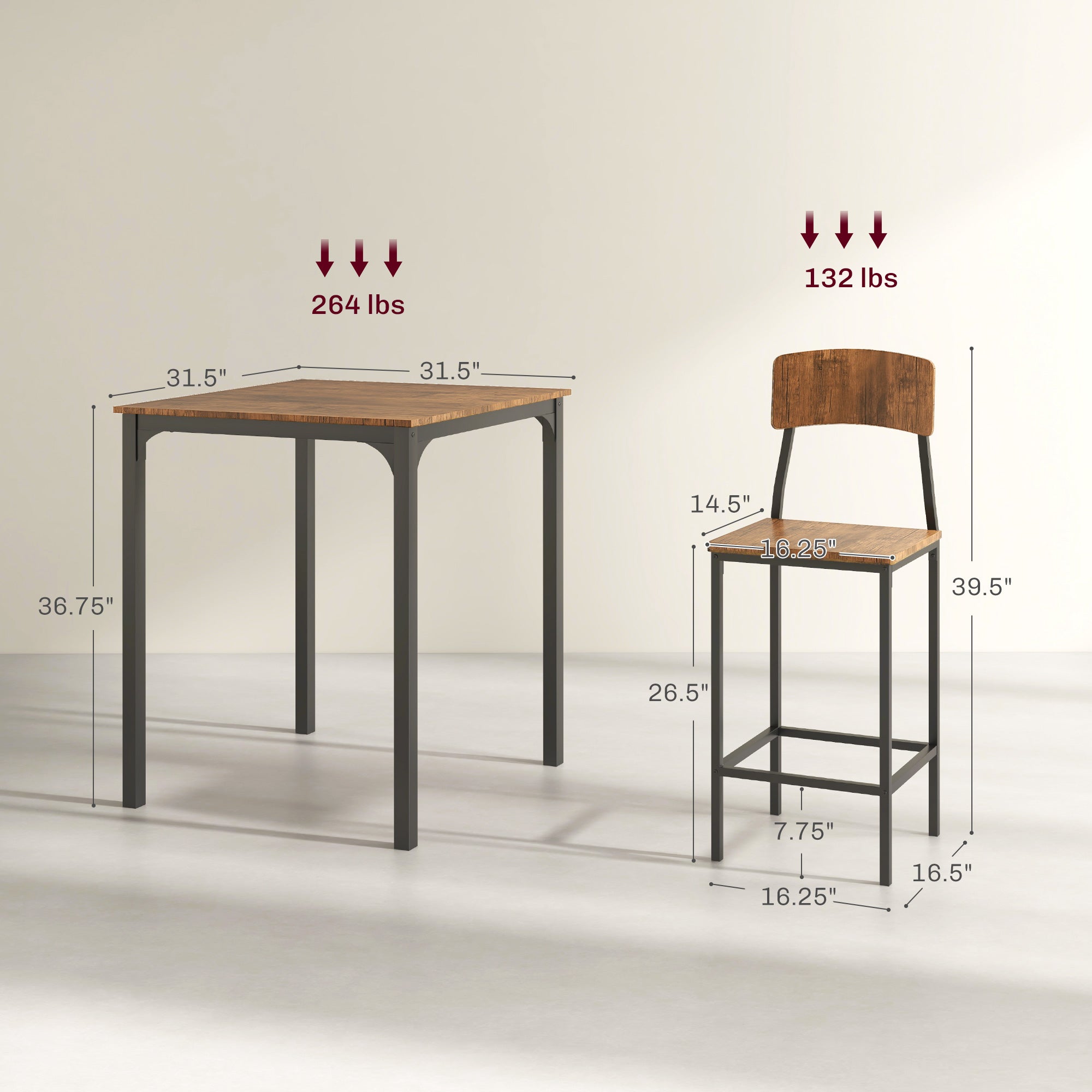 3 Piece Pub Table and Chairs, Small Kitchen Table and Chairs, Square Dining Table with 2 Stools, Walnut and Black