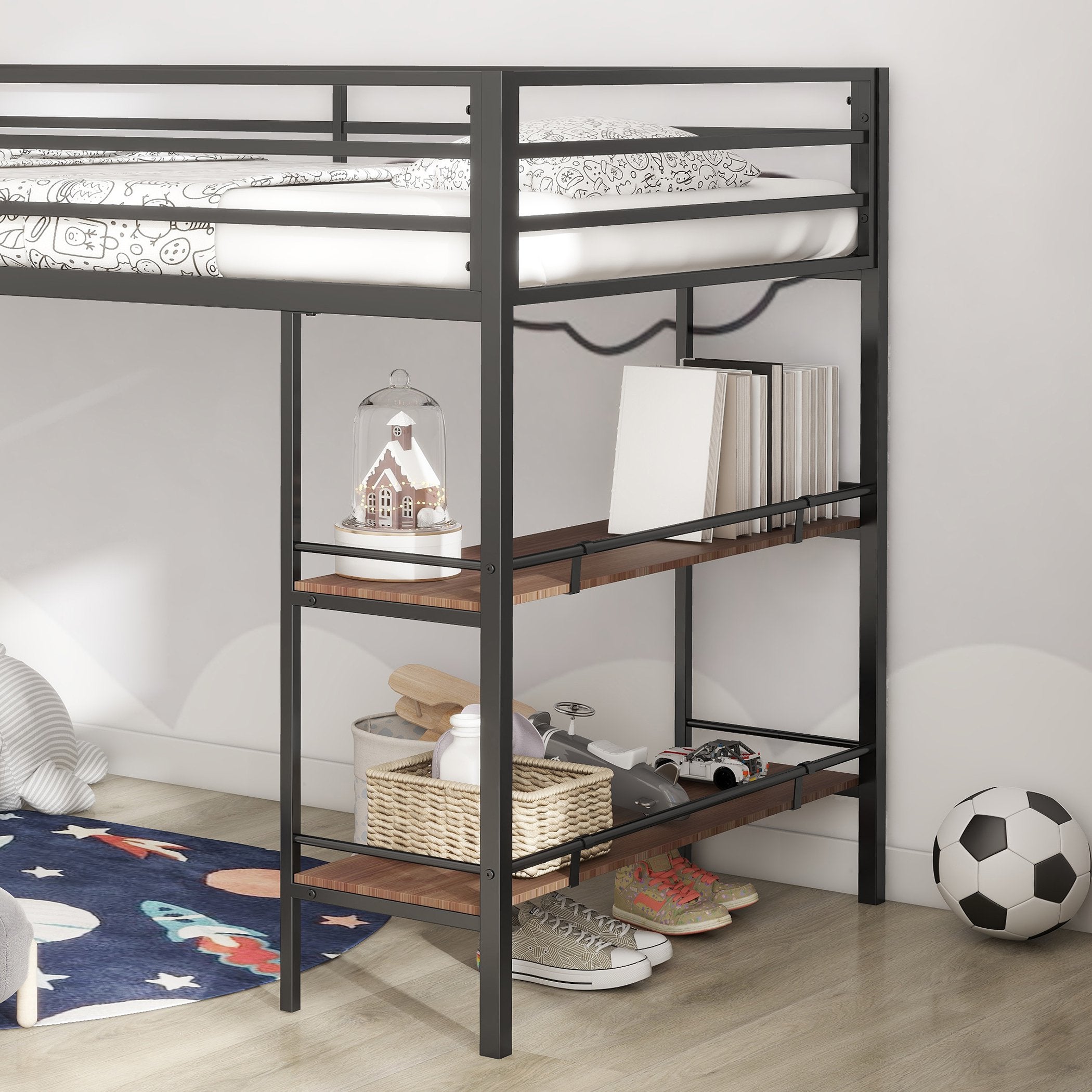 Junior Twin Loft Metal Bunk Bed Frame with Cinnamon Wood Shelf, Full-Length Guardrails, Anti-Noise Design, Easy Assembly, 76.69″ L x 40.94″ W x 49.49″ H, Black