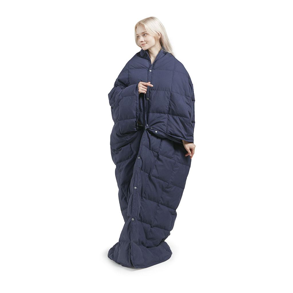 Machine Washable Wearable Multipurpose Throw with Goose Feather, Down Filling, Water-Repellent Microfiber, 68" L x 62" W x 0.25" H, Indigo