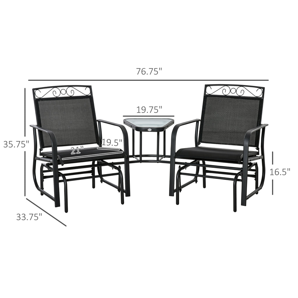 Outdoor Glider Chairs with Coffee Table, Patio 2-Seat Rocking Chair Swing with Breathable Sling for Backyard, Black