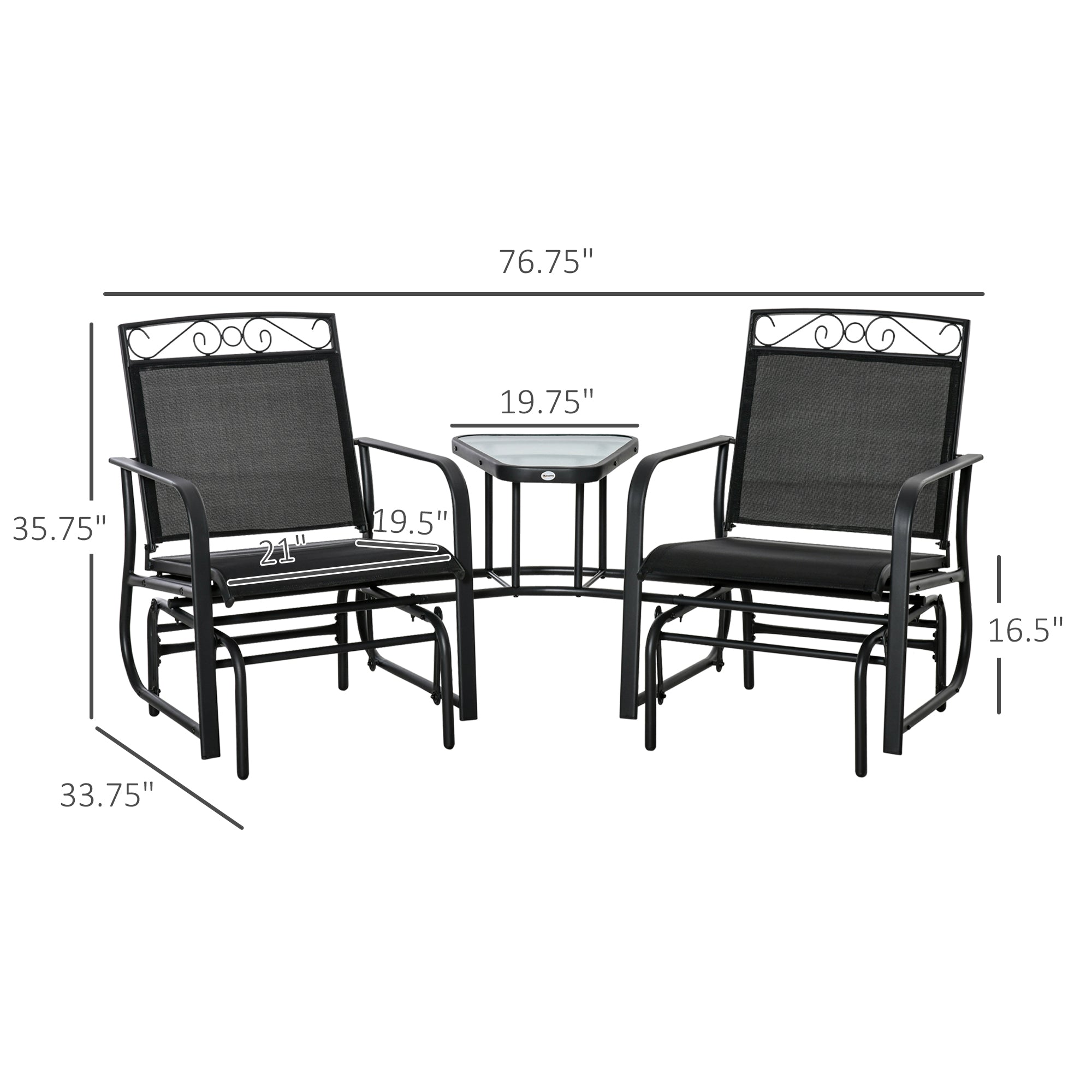 Outdoor Glider Chairs with Coffee Table, Patio 2-Seat Rocking Chair Swing with Breathable Sling for Backyard, Black
