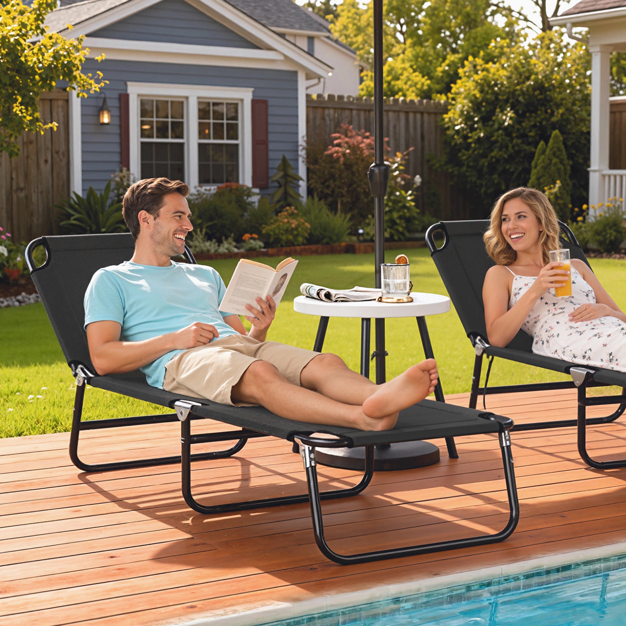 Folding Chaise Lounge Pool Chairs, Outdoor Sun Tanning Chairs with 5-Level Reclining Back, Steel Frame for Beach, Yard, Patio, Black