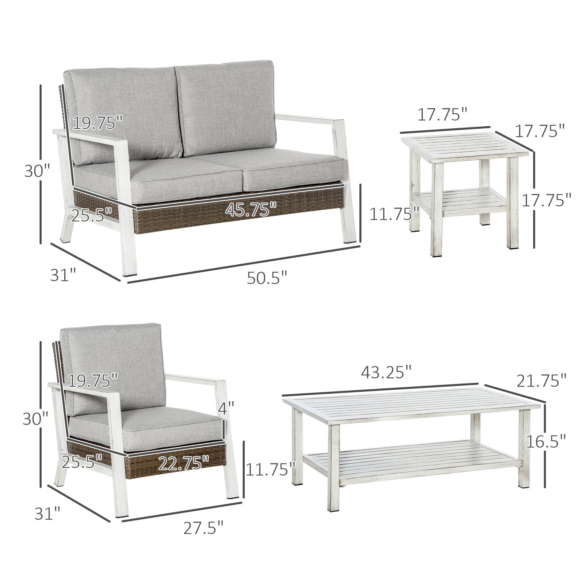 Aluminum Patio Furniture Set, 5 Piece Modern Outdoor Conversation Set with Loveseat Sofa, Chairs, Cushions, Coffee Table & Side Table, Gray
