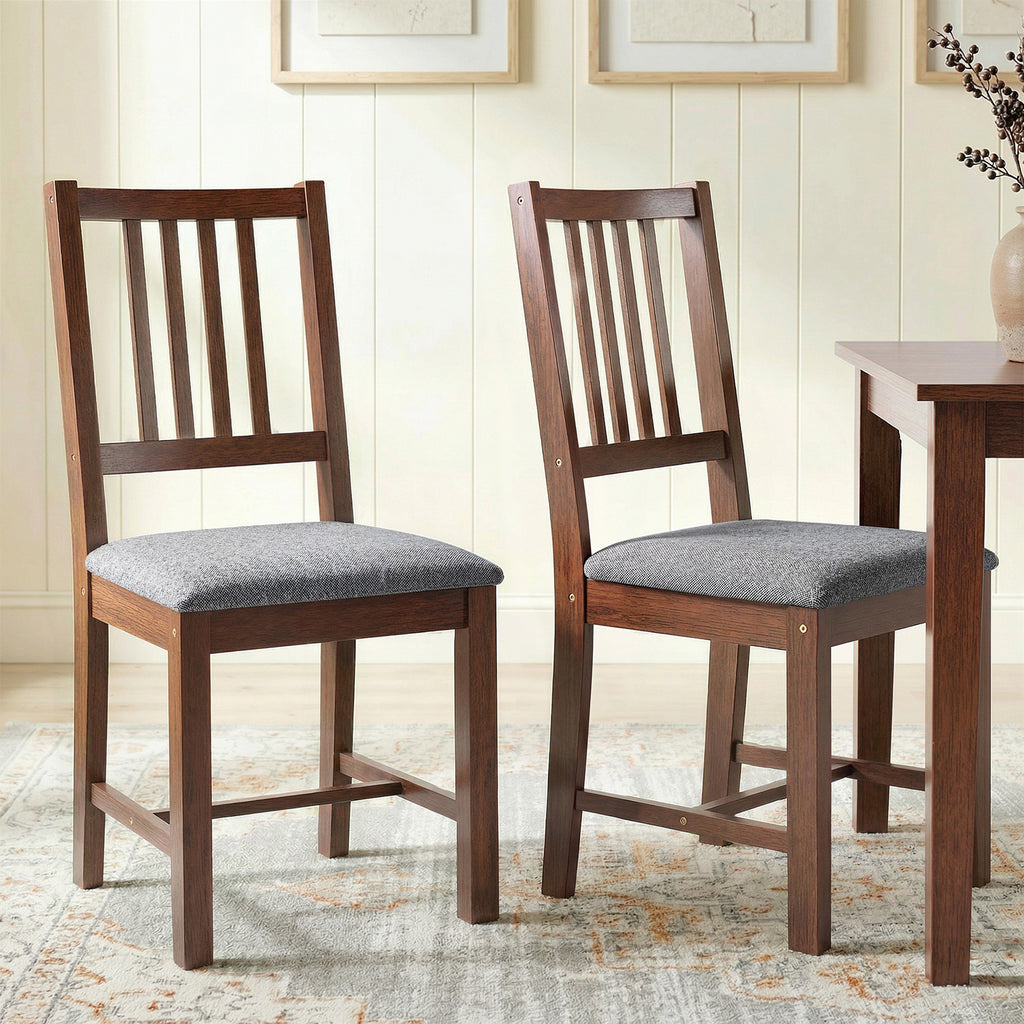 Set of 2 Dining Chairs, Upholstered Slat Back Dining Room Chairs with Rubberwood Legs and Padded Seat, Walnut